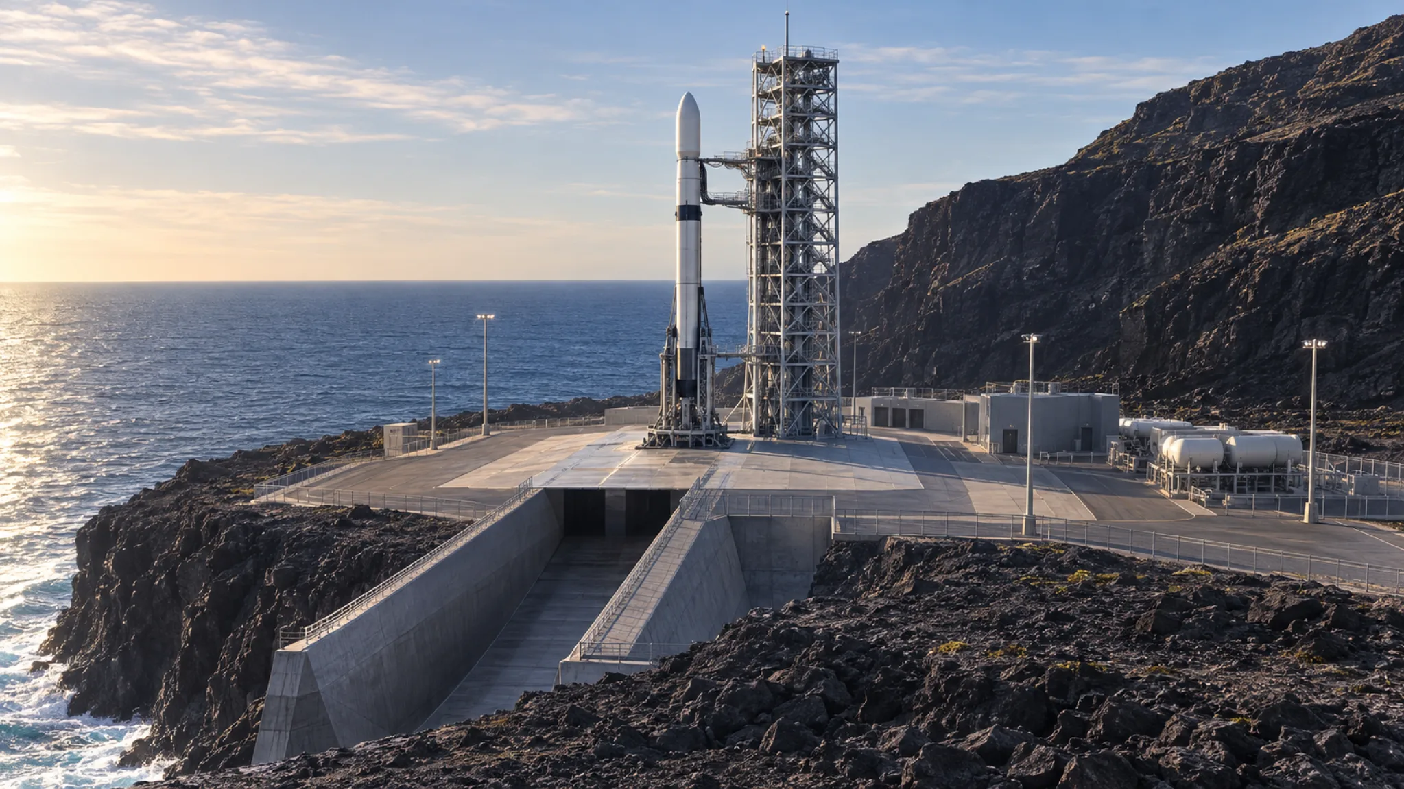 Rampa di lancio orbitale e torre reticolare dalla roccia allo spazio