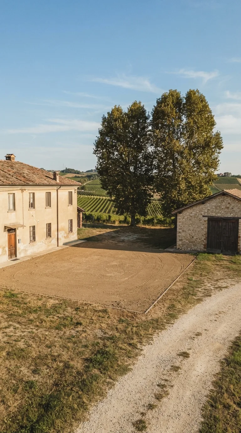 Immagine statica verticale 9:16 per YouTube Shorts, da usare con Flow Veo in un timelapse di costruzione. Aia agricola di pianura in Italia settentrionale, terreno battuto compatto color ocra-grigio al centro del cortile. A sinistra una casa colonica a due piani con intonaco ocra, tetto in coppi e grondaie già presenti. A destra un fienile basso in pietra chiara con portone di legno scuro chiuso. In primo piano a destra un tratto di strada poderale in ghiaia chiara. Dietro l’aia due platani adulti e, in lontananza, filari di vite su un dolce poggio. Nessun cantiere è aperto: il rettangolo centrale di terra battuta è continuo, livellato e libero, con rare macchie d’erba secca ai margini. Camera fissa, prospettiva obliqua leggermente rialzata a circa 22 metri dal centro dell’aia, inquadratura verticale che mostra casa, aia e fienile interi con margine di cielo. Luce pomeridiana chiara da sinistra, cielo azzurro con nubi sottili, color grading naturale leggermente caldo. Nessun testo, logo o watermark.