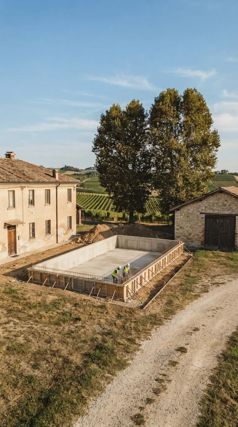 Immagine statica verticale 9:16 per YouTube Shorts, da usare con Flow Veo in un timelapse di costruzione. Aia agricola di pianura in Italia settentrionale, terreno battuto compatto color ocra-grigio intorno all’area di scavo. A sinistra una casa colonica a due piani con intonaco ocra, tetto in coppi e grondaie già presenti. A destra un fienile basso in pietra chiara con portone di legno scuro chiuso. In primo piano a destra un tratto di strada poderale in ghiaia chiara. Dietro l’aia due platani adulti e, in lontananza, filari di vite su un dolce poggio. Al centro è in costruzione una vasca rettangolare per acque piovane di 10 metri per 5 metri e 2,2 metri di profondità: la platea in calcestruzzo è già gettata e lisciata; tre pareti in calcestruzzo armato a vista sono alzate a quota piena; la parete lunga verso la camera è alta solo a metà, ancora dentro casseforme di legno. Mancano bordo calpestabile, tubi di gronda, troppo pieno e scaletta. Cumuli di terra di scavo restano sul lato lontano; due operai con casco e giubbotto alta visibilità sistemano i ferri della parete incompleta. Camera fissa, prospettiva obliqua leggermente rialzata a circa 22 metri dal centro dell’aia, inquadratura verticale che mostra casa, aia e fienile interi con margine di cielo. Luce pomeridiana chiara da sinistra, cielo azzurro con nubi sottili, color grading naturale leggermente caldo. Nessun testo, logo o watermark.