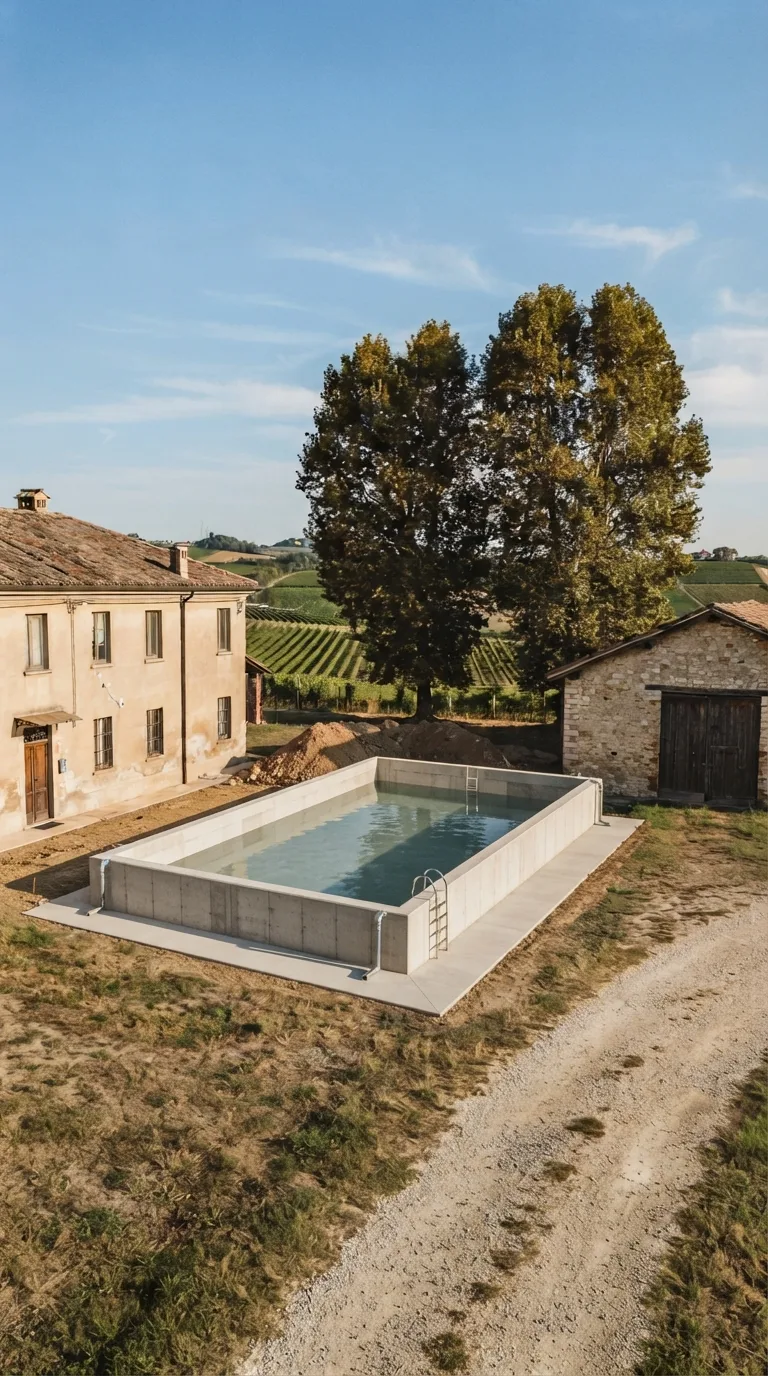 Immagine statica verticale 9:16 per YouTube Shorts, da usare con Flow Veo in un timelapse di costruzione. Aia agricola di pianura in Italia settentrionale, terreno battuto compatto color ocra-grigio ripristinato intorno all’opera. A sinistra una casa colonica a due piani con intonaco ocra, tetto in coppi e grondaie già presenti. A destra un fienile basso in pietra chiara con portone di legno scuro chiuso. In primo piano a destra un tratto di strada poderale in ghiaia chiara. Dietro l’aia due platani adulti e, in lontananza, filari di vite su un dolce poggio. Al centro la vasca di raccolta delle acque piovane è completa e interamente visibile: rettangolo di 10 metri per 5 metri, profondità interna 2,2 metri, pareti in calcestruzzo armato a vista spesse 30 centimetri, bordo calpestabile largo 40 centimetri in calcestruzzo grigio. Due tubi di gronda in acciaio zincato scendono dall’angolo vicino; sul lato corto lontano un intaglio di troppo pieno; sul lato lungo vicino una scaletta zincata fissa. L’acqua riempie la vasca per circa due terzi. Lo spazio intorno è libero e pulito, senza mezzi né cumuli. Camera fissa, prospettiva obliqua leggermente rialzata a circa 22 metri dal centro dell’aia, inquadratura verticale che mostra casa, aia e fienile interi con margine di cielo. Luce pomeridiana chiara da sinistra, cielo azzurro con nubi sottili, color grading naturale leggermente caldo. Nessun testo, logo o watermark.