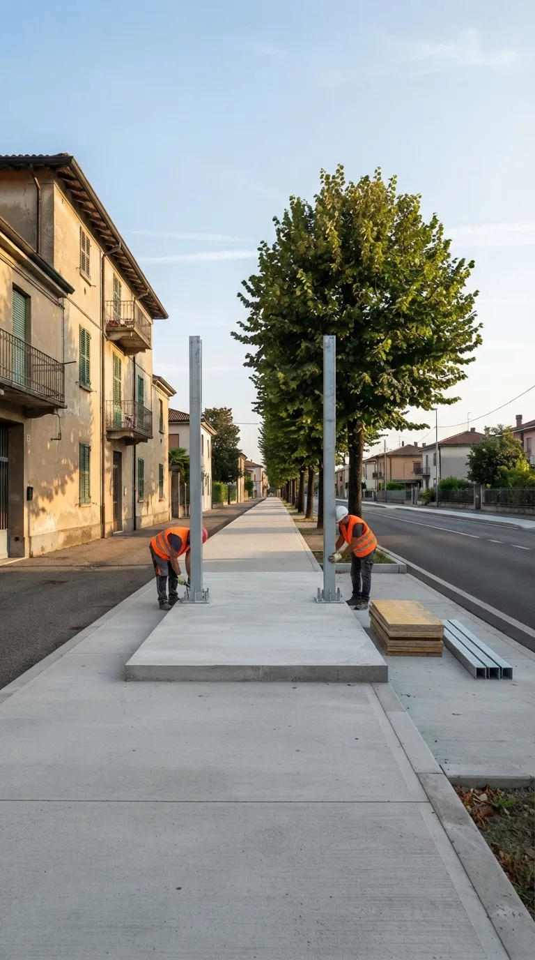 Vertical 9:16 YouTube Shorts image for Flow Veo construction timelapse. Static camera, fixed perspective, no camera movement. On a quiet urban residential street in the Italian plains, a wide concrete sidewalk runs parallel to a two-lane asphalt road. To the left stands a three-story residential building with light ochre plaster walls and simple rectangular windows. A row of mature lime trees lines the far side of the sidewalk, casting soft dappled shade. The sidewalk surface is clean concrete with a low curb; beyond the curb the asphalt road is empty. Background shows distant low houses under a clear afternoon sky with thin high clouds. Soft natural daylight from the left, slightly warm color grading, realistic photographic look. In the mid-ground sidewalk a rectangular concrete base plate 7 m long by 2.8 m wide has been poured and cured. Two vertical galvanized steel columns, each 3 m high, stand fixed on the rear edge of the plate, spaced 5 m apart. Temporary wooden formwork and a small stack of galvanized steel beams lie beside the columns. The roof structure is not yet present; the bench and glass panel are absent. Workers in high-visibility vests adjust the column bases.