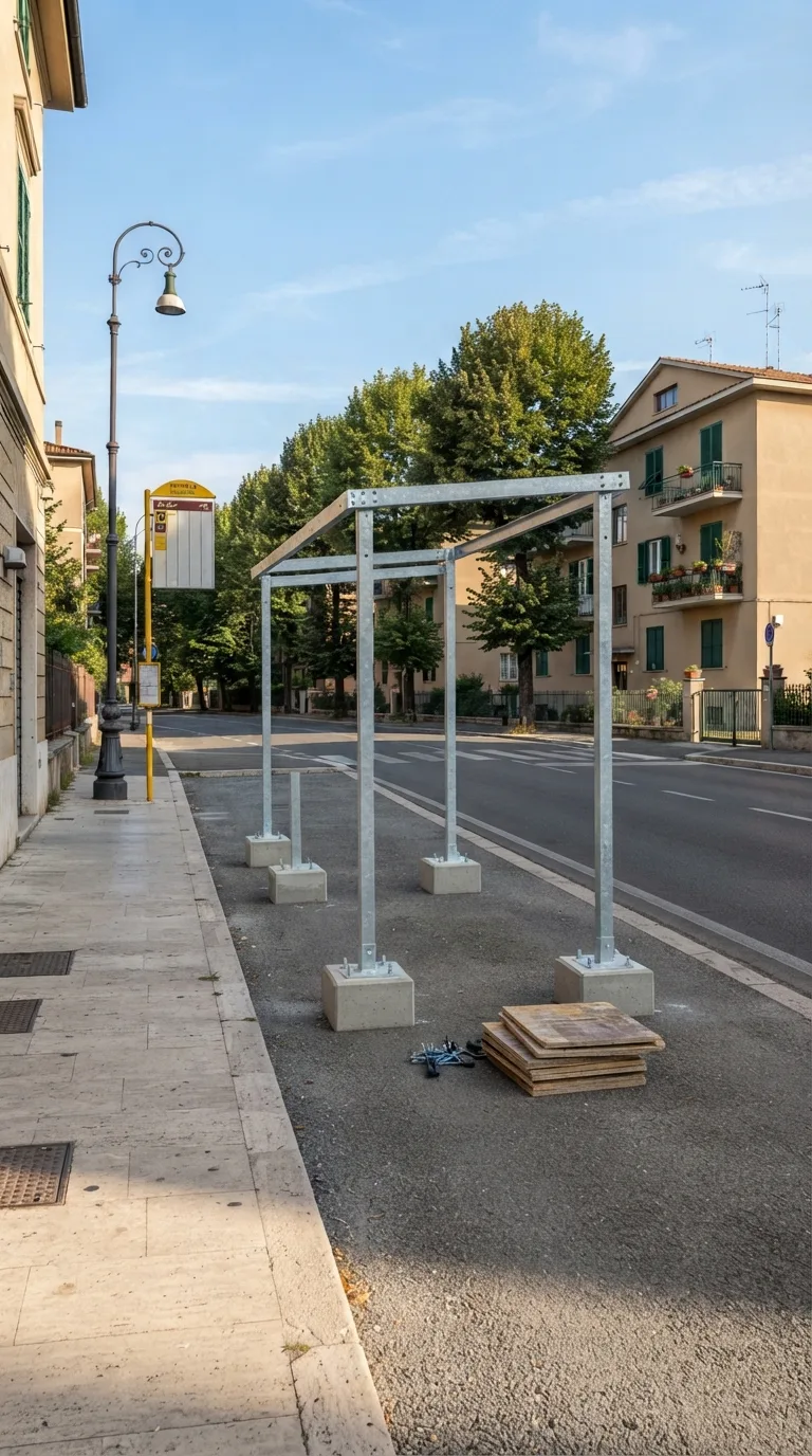 Immagine statica per Flow Veo, YouTube Shorts verticale 9:16, da usare per un timelapse di costruzione. Slargo asfaltato di un quartiere residenziale di pianura italiano, visto in prospettiva obliqua statica a livello d’uomo da circa 18 metri, inquadratura verticale centrata sulla fascia di attesa tra il marciapiede in lastre di pietra chiara in primo piano a sinistra e la corsia stradale a due sensi a destra. Sul fondo tre palazzine basse intonacate color sabbia con persiane verdi; un filare di tigli adulti allinea il lato opposto della strada; un lampione esistente in ghisa scura resta sul bordo del marciapiede; una palina segnaletica gialla già piantata marca la fermata. L’asfalto dello slargo è liscio, grigio scuro, con una fascia di ghiaia fine verso il filare. Luce pomeridiana laterale da sinistra, cielo azzurro con nubi sottili, color grading naturale leggermente caldo. Nessun movimento di camera. Al centro dello slargo, allineata al marciapiede e alla palina gialla, una pensilina autobus in costruzione: quattro plinti in calcestruzzo 50 per 50 centimetri già gettati e quattro montanti in acciaio zincato 120 millimetri alti 3 metri già bullonati; due travi longitudinali e una trave di bordo anteriore sono fissate, mentre le lastre di policarbonato del tetto, il sedile in legno e la palina orari mancano ancora. Casseforme smontate e un piccolo mucchio di bulloneria restano accanto ai plinti.