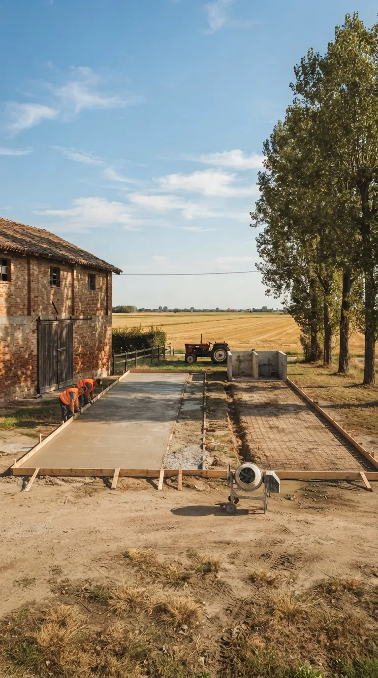 Immagine statica per Flow Veo, YouTube Shorts verticale 9:16, da usare per un timelapse di costruzione. Cortile sterrato compatto di un’azienda agricola di pianura padana. A sinistra un fienile in laterizio a due piani con tetto in coppi bruni e una porta carraia chiusa. A destra un filare di pioppi alti e, più indietro, un trattore rosso fermo sull’erba. Sullo sfondo campi di stoppie dorate e una siepe bassa. Inquadratura verticale fissa, prospettiva obliqua a livello d’uomo da circa 22 metri, con lo slargo centrale nel terzo inferiore del fotogramma e cielo nel terzo superiore. Luce pomeridiana chiara proveniente da destra, cielo azzurro con nubi sottili, color grading naturale leggermente caldo, senza testo, loghi o watermark. Al centro è in costruzione una piazzola di lavaggio mezzi agricoli: lo scavo rettangolare di 10 per 6 metri è aperto, le casseforme perimetrali in legno sono in opera, la metà verso il fienile della platea in calcestruzzo grigio è già gettata e livellata con pendenza visibile, mentre la metà verso i pioppi è ancora terra e rete elettrosaldata. Il vano della canaletta longitudinale è tracciato e parzialmente gettato senza griglia. Il pozzetto disoleatore cubico ha le quattro pareti in calcestruzzo alte circa 80 centimetri, senza coperchio. La colonnina dell’idropulitrice non è presente. Due operai con casco e giubbotto alta visibilità sistemano una tavola di cassero; una betoniera piccola resta sul lato corto.