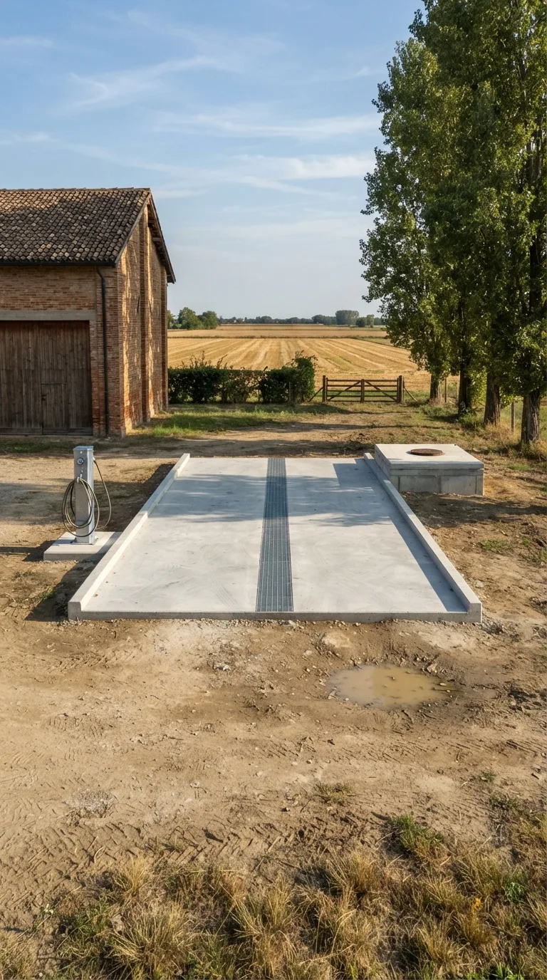 Immagine statica per Flow Veo, YouTube Shorts verticale 9:16, da usare per un timelapse di costruzione. Cortile sterrato compatto di un’azienda agricola di pianura padana. A sinistra un fienile in laterizio a due piani con tetto in coppi bruni e una porta carraia chiusa. A destra un filare di pioppi alti e, più indietro, un trattore rosso fermo sull’erba. Sullo sfondo campi di stoppie dorate e una siepe bassa. Inquadratura verticale fissa, prospettiva obliqua a livello d’uomo da circa 22 metri, con lo slargo centrale nel terzo inferiore del fotogramma e cielo nel terzo superiore. Luce pomeridiana chiara proveniente da destra, cielo azzurro con nubi sottili, color grading naturale leggermente caldo, senza testo, loghi o watermark. Al centro la piazzola di lavaggio è completa e interamente visibile, con spazio libero attorno: platea in calcestruzzo grigio 10 per 6 metri, spessa 20 centimetri, inclinata del 2 percento verso una canaletta coperta da griglia zincata continua; cordolo perimetrale alto 15 centimetri; pozzetto disoleatore cubico 1,2 metri con coperchio in calcestruzzo e chiusino in ghisa; colonnina in acciaio zincato per idropulitrice sul lato corto verso il fienile, con tubo arrotolato. Il cortile circostante è pulito, senza casseforme né mezzi di cantiere.