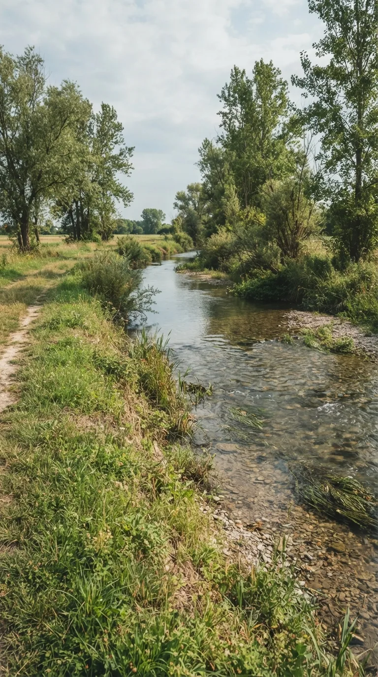 Static camera shot for Flow Veo YouTube Shorts vertical 9:16 construction timelapse. On the near bank of a small lowland stream in the Italian plain, looking slightly downstream across the shallow clear water. Grassy banks with scattered willows and poplars, a dirt path along the near bank, pebbles and low vegetation in the stream bed, gentle water flow. Natural daylight under a partly cloudy sky, soft realistic color grading. The stream bed and banks are completely free of any structures, formwork or construction materials. Single static image, no camera movement.