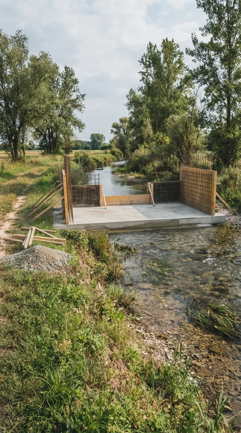 Static camera shot for Flow Veo YouTube Shorts vertical 9:16 construction timelapse. On the near bank of a small lowland stream in the Italian plain, looking slightly downstream across the shallow clear water. Grassy banks with scattered willows and poplars, a dirt path along the near bank, pebbles and low vegetation in the stream bed, gentle water flow. Natural daylight under a partly cloudy sky, soft realistic color grading. Across the stream a rectangular foundation slab of grey concrete has been poured and cured, spanning the full 8-metre width of the future structure. Vertical formwork and steel rebar rise to mid-height on both sides of a central 2-metre notch, the walls of the check dam standing roughly 90 centimetres high, incomplete and open at the top. Temporary timber props and a small pile of aggregate sit on the near bank outside the water. Single static image, no camera movement.