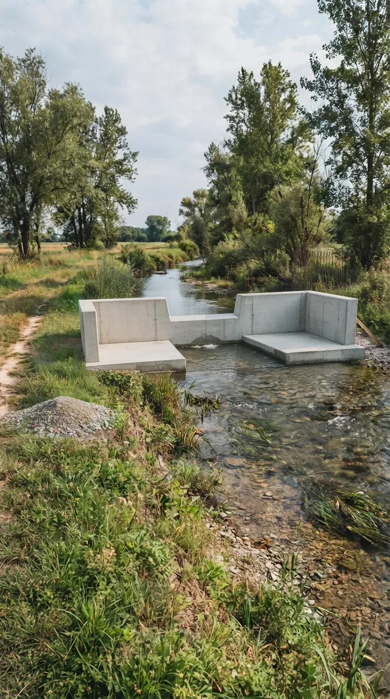 Static camera shot for Flow Veo YouTube Shorts vertical 9:16 construction timelapse. On the near bank of a small lowland stream in the Italian plain, looking slightly downstream across the shallow clear water. Grassy banks with scattered willows and poplars, a dirt path along the near bank, pebbles and low vegetation in the stream bed, gentle water flow. Natural daylight under a partly cloudy sky, soft realistic color grading. A finished concrete check dam spans the stream: 8 metres wide overall, 1.8 metres high at the crest, 1.2 metres thick at the base, with a central rectangular notch 2 metres wide, two solid side wings and a stilling basin plate downstream. Water flows through the notch and dissipates in the basin. The structure is fully visible with clear space around it on both banks. Single static image, no camera movement.