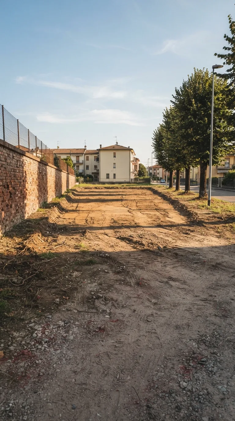Immagine statica verticale 9:16 per YouTube Shorts destinata a un timelapse di costruzione. Slargo sterrato di un quartiere residenziale di pianura italiana. Camera fissa a circa 2 metri di altezza, prospettiva obliqua da un angolo dello slargo a circa 14 metri dal centro dell’area centrale, orizzonte a un terzo dal bordo superiore. In primo piano ghiaia compatta e terra battuta ocra-grigia con orme di pneumatici; al centro un rettangolo di terreno livellato e libero; a sinistra un muro di confine in laterizio rosso-bruno alto circa 2 metri che corre verso lo sfondo; a destra un filare di tigli verdi con tronchi scuri e ombre corte sul terreno; in fondo basse palazzine intonacate color crema e un lampione stradale esistente sul bordo destro. Fuori dall’area centrale l’erba sparsa e le radici scoperte restano intatte. Luce pomeridiana chiara da sinistra, cielo azzurro con nubi sottili, ombre di contatto nitide, color grading fotografico naturale leggermente caldo, profondità di campo sufficiente a leggere muro, tigli e palazzine. Nessun movimento di camera.