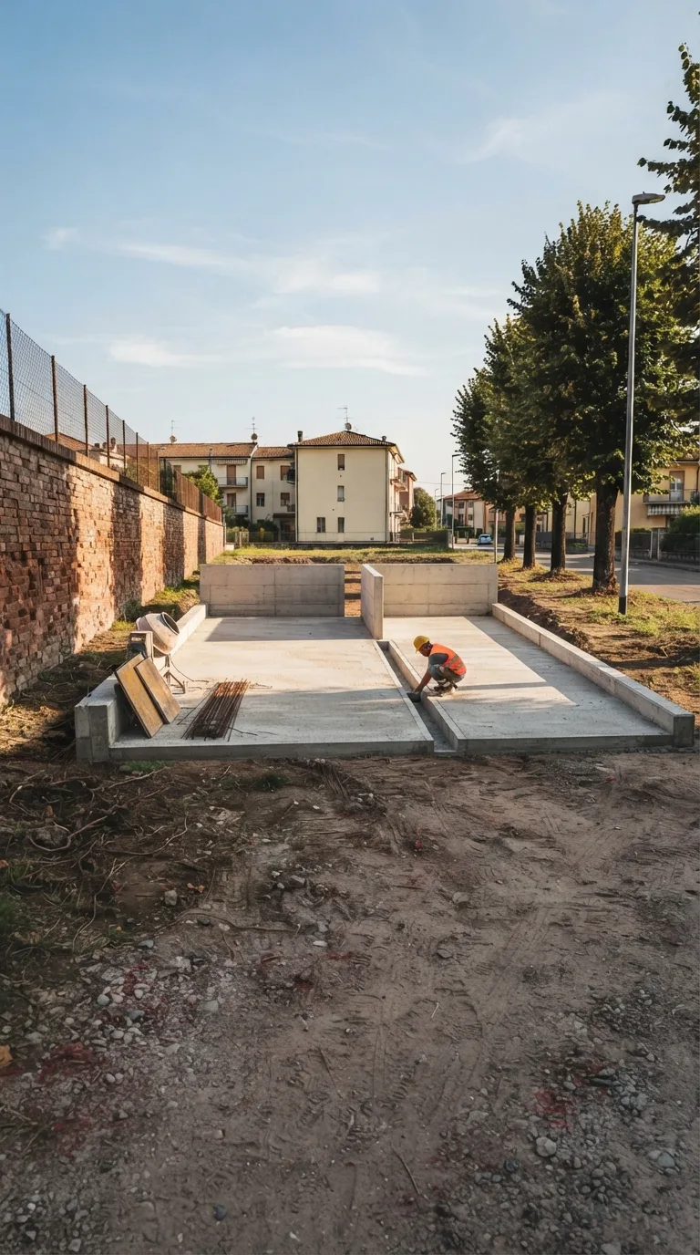 Immagine statica verticale 9:16 per YouTube Shorts destinata a un timelapse di costruzione. Slargo sterrato di un quartiere residenziale di pianura italiana. Camera fissa a circa 2 metri di altezza, prospettiva obliqua da un angolo dello slargo a circa 14 metri dal centro dell’area centrale, orizzonte a un terzo dal bordo superiore. In primo piano ghiaia compatta e terra battuta ocra-grigia con orme di pneumatici; a sinistra un muro di confine in laterizio rosso-bruno alto circa 2 metri che corre verso lo sfondo; a destra un filare di tigli verdi con tronchi scuri e ombre corte sul terreno; in fondo basse palazzine intonacate color crema e un lampione stradale esistente sul bordo destro. Fuori dall’area di cantiere l’erba sparsa e le radici scoperte restano intatte. Al centro, su uno scavo raso di 8 per 6 metri, è già gettata una platea in calcestruzzo grigio grezzo spessa 18 centimetri con pendenza visibile verso il lato corto lontano; il cordolo perimetrale è formato solo sui due lati lunghi e sul lato corto vicino, alto 15 centimetri, ancora senza arrotondature. Due setti divisori in calcestruzzo sono alzati a metà altezza, circa 55 centimetri, spessi 20 centimetri, allineati verso la camera e distanziati per tre baie da 2,2 metri; il terzo setto manca. La canaletta di drenaggio è solo un vano lineare aperto nel calcestruzzo, senza griglia. Accanto al lato sinistro della platea restano una piccola betoniera, tre casseforme in legno e un mucchio di tondini. Un operaio con casco e giubbotto alta visibilità è chino sul vano della canaletta. Luce pomeridiana chiara da sinistra, cielo azzurro con nubi sottili, ombre di contatto nitide, color grading fotografico naturale leggermente caldo, profondità di campo sufficiente a leggere muro, tigli e palazzine. Nessun movimento di camera.