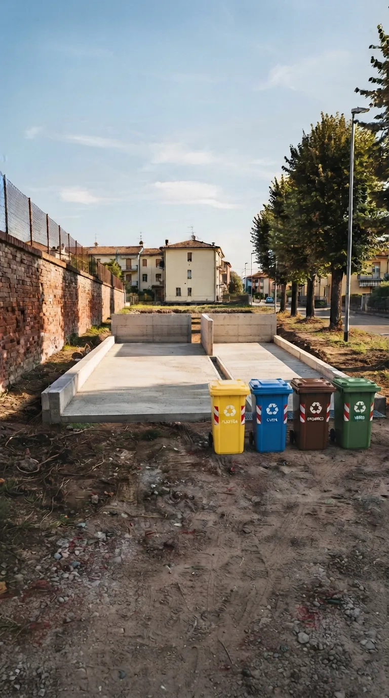 Immagine statica verticale 9:16 per YouTube Shorts destinata a un timelapse di costruzione. Slargo sterrato di un quartiere residenziale di pianura italiana. Camera fissa a circa 2 metri di altezza, prospettiva obliqua da un angolo dello slargo a circa 14 metri dal centro dell’area centrale, orizzonte a un terzo dal bordo superiore. In primo piano ghiaia compatta e terra battuta ocra-grigia con orme di pneumatici; a sinistra un muro di confine in laterizio rosso-bruno alto circa 2 metri che corre verso lo sfondo; a destra un filare di tigli verdi con tronchi scuri e ombre corte sul terreno; in fondo basse palazzine intonacate color crema e un lampione stradale esistente sul bordo destro. Fuori dalla platea l’erba sparsa e le radici scoperte restano intatte. Al centro l’opera è completa e interamente visibile con margine libero intorno: platea in calcestruzzo grigio 8 per 6 metri, spessa 18 centimetri, cordolo perimetrale continuo alto 15 centimetri, tre baie aperte sul fronte verso la camera separate da due setti pieni alti 1,1 metri e spessi 20 centimetri. Sul lato corto lontano una canaletta coperta da griglia zincata raccoglie l’acqua. Le superfici sono pulite, i giunti di contrazione sono visibili sulla platea, nessun mezzo né materiale di cantiere resta nell’inquadratura. Luce pomeridiana chiara da sinistra, cielo azzurro con nubi sottili, ombre di contatto nitide, color grading fotografico naturale leggermente caldo, profondità di campo sufficiente a leggere muro, tigli e palazzine. Nessun movimento di camera.