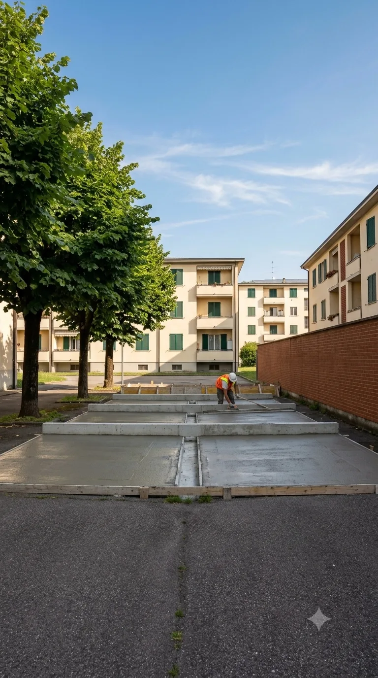 Immagine statica verticale 9:16 per YouTube Shorts, usata per un timelapse di costruzione. Cortile asfaltato di un isolato residenziale di pianura, inquadrato da una camera fissa a circa 2 metri di altezza, obliqua a 35 gradi, distante circa 16 metri dal centro dello slargo. L’orizzonte taglia il terzo superiore. In primo piano a sinistra un filare di tre tigli con tronco scuro e chioma piena; a destra un muro di recinzione in laterizio rosso alto 2 metri che corre in profondità. Sullo sfondo due palazzine residenziali a tre piani intonacate color crema con balconi e persiane verdi. Al centro la piazzola finita occupa lo slargo con margine libero intorno: platea in calcestruzzo grigio 12 per 6 metri, setti divisori completi alti 1,2 metri che formano tre vani aperti verso il cortile, griglia zincata sulla canaletta, tre parabordi tubolari in acciaio zincato sul fronte e un cordolo perimetrale alto 15 centimetri. Le superfici sono pulite e asciutte, senza casseforme né operai. Luce pomeridiana chiara da sinistra, ombre di contatto nette e corte, cielo azzurro con nubi sottili, color grading fotografico naturale leggermente caldo. Nessun movimento di camera.