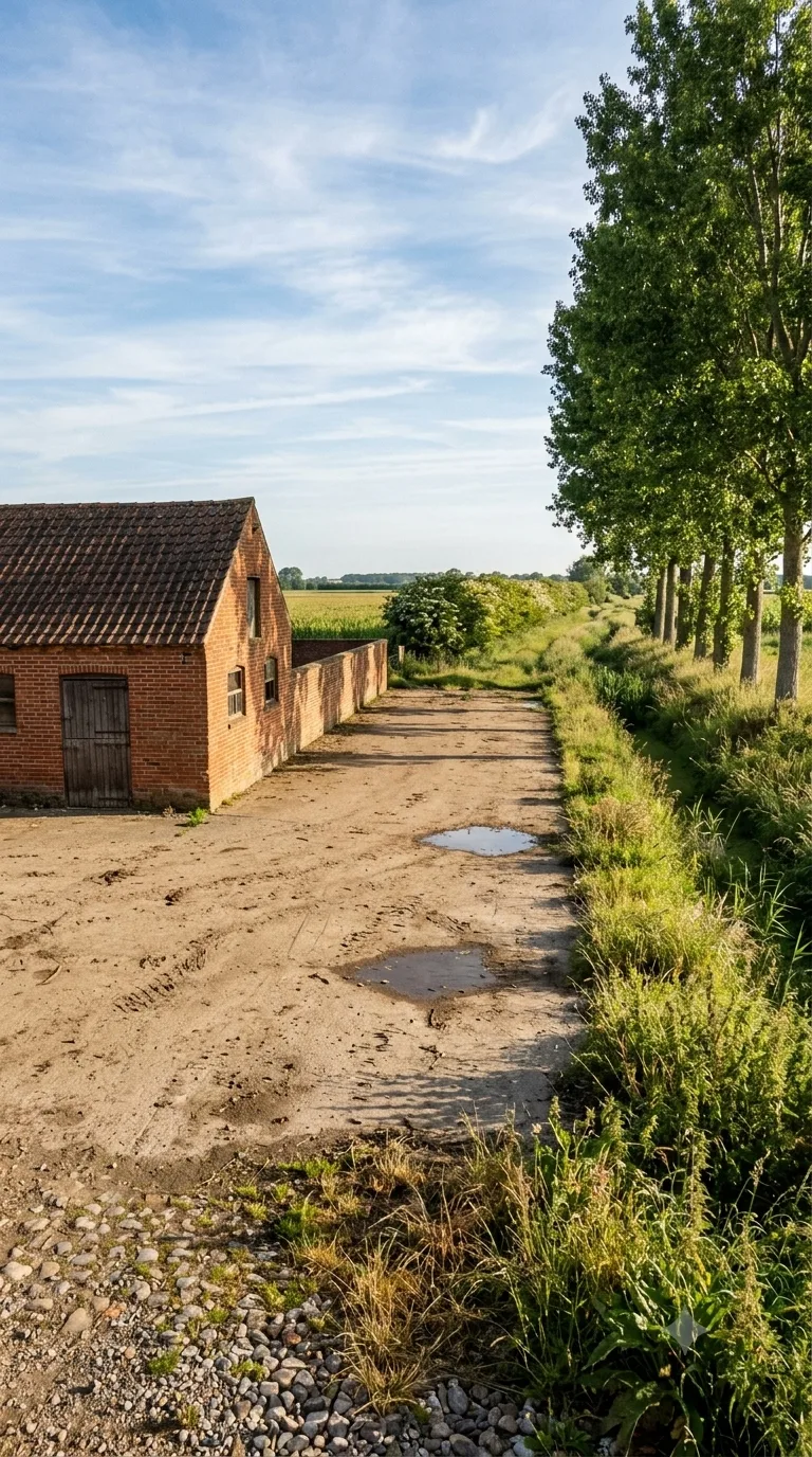 Immagine statica verticale 9:16 per YouTube Shorts, da usare come fotogramma iniziale di un timelapse di costruzione. Cortile sterrato di un’azienda agricola di pianura. A sinistra una stalla in laterizio a un piano con tetto in coppi scuri, portone di legno chiuso e muretto di recinzione in mattoni che parte dall’angolo della stalla e corre verso lo sfondo. A destra un filare di pioppi adulti con foglie verdi, allineati lungo un fosso erboso. Sullo sfondo campi di mais bassi e una siepe di biancospino. In primo piano ciottoli sparsi e una striscia di erba secca sul bordo vicino alla camera. Al centro un’area di terra battuta compatta, ocra-grigia, con leggere orme e due pozzanghere poco profonde dopo la rugiada. Camera statica a circa 2,2 metri di altezza, distante circa 18 metri dal centro del cortile, prospettiva obliqua a tre quarti da un punto vicino all’angolo destro dello slargo, orizzonte a un terzo dal basso. Luce mattutina nitida da destra, ombre corte verso sinistra, cielo azzurro con nubi sottili, color grading fotografico naturale caldo-polveroso, profondità di campo sufficiente a leggere stalla, filare e terreno.