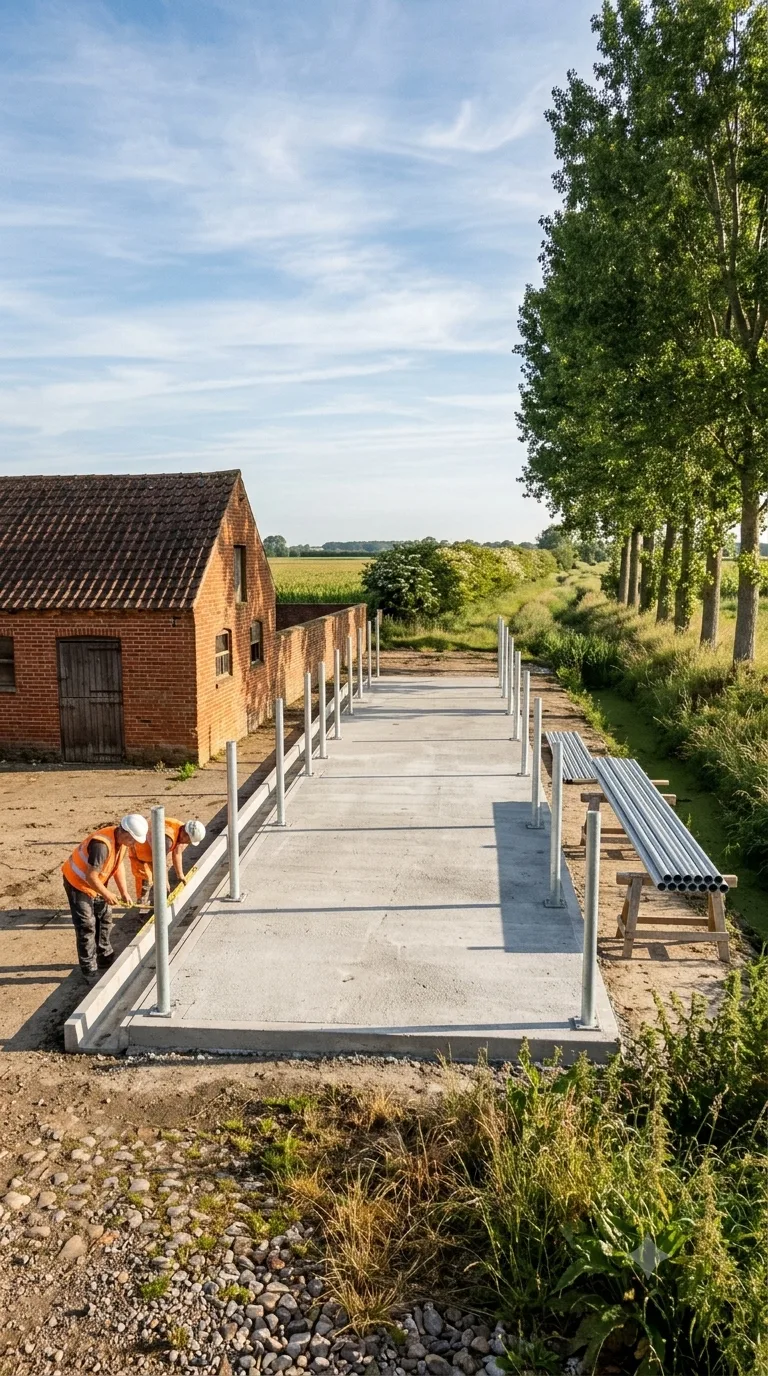 Immagine statica verticale 9:16 per YouTube Shorts, da usare come fotogramma intermedio di un timelapse di costruzione. Cortile sterrato di un’azienda agricola di pianura. A sinistra una stalla in laterizio a un piano con tetto in coppi scuri, portone di legno chiuso e muretto di recinzione in mattoni che parte dall’angolo della stalla e corre verso lo sfondo. A destra un filare di pioppi adulti con foglie verdi, allineati lungo un fosso erboso. Sullo sfondo campi di mais bassi e una siepe di biancospino. In primo piano ciottoli sparsi e una striscia di erba secca sul bordo vicino alla camera. Camera statica a circa 2,2 metri di altezza, distante circa 18 metri dal centro del cortile, prospettiva obliqua a tre quarti da un punto vicino all’angolo destro dello slargo, orizzonte a un terzo dal basso. Al centro una platea in calcestruzzo grigio fresco, 12 metri di lunghezza verso lo sfondo, 4 metri di larghezza e 15 centimetri di spessore, con superficie ancora ruvida di frattazzatura e pendenza visibile verso una canaletta aperta sul lato lungo sinistro; la griglia manca. Lungo ciascun lato lungo della platea otto bussole in acciaio annegate nel getto e otto paletti tubolari zincati già infissi e a piombo, alti 1,5 metri, senza tubi orizzontali. All’estremo vicino e all’estremo lontano i paletti d’angolo sono presenti ma i cancelli e la gabbia di contenimento non sono montati. Sul lato destro della platea un fascio di tubi zincati da 50 millimetri è appoggiato su due cavalletti di legno; due operai con casco e giubbotto ad alta visibilità controllano l’allineamento dei paletti vicini. Luce mattutina nitida da destra, ombre corte verso sinistra, cielo azzurro con nubi sottili, color grading fotografico naturale caldo-polveroso, profondità di campo sufficiente a leggere stalla, filare e platea.