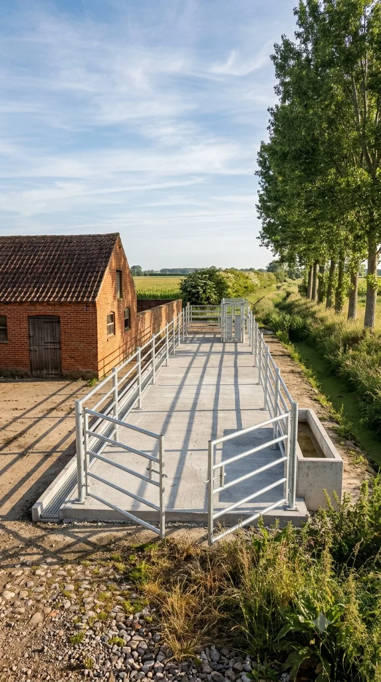 Immagine statica verticale 9:16 per YouTube Shorts, da usare come fotogramma finale di un timelapse di costruzione. Cortile sterrato di un’azienda agricola di pianura. A sinistra una stalla in laterizio a un piano con tetto in coppi scuri, portone di legno chiuso e muretto di recinzione in mattoni che parte dall’angolo della stalla e corre verso lo sfondo. A destra un filare di pioppi adulti con foglie verdi, allineati lungo un fosso erboso. Sullo sfondo campi di mais bassi e una siepe di biancospino. In primo piano ciottoli sparsi e una striscia di erba secca sul bordo vicino alla camera. Camera statica a circa 2,2 metri di altezza, distante circa 18 metri dal centro del cortile, prospettiva obliqua a tre quarti da un punto vicino all’angolo destro dello slargo, orizzonte a un terzo dal basso. Al centro il recinto di movimentazione è completo e interamente visibile, con margine libero intorno: platea in calcestruzzo antiscivolo 12 per 4 metri, canaletta coperta da griglia zincata sul lato lungo sinistro, tre ordini di tubi orizzontali zincati da 50 millimetri bullonati ai paletti fino a 1,4 metri di altezza. All’estremo vicino due cancelli a battente in tubolare zincato sono chiusi a metà apertura verso l’interno della corsia. All’estremo lontano una gabbia di contenimento in tubolari con testa fissa e leva laterale chiude la corsia. Una vasca abbeveratoio in calcestruzzo bassa è fissata all’esterno del lato destro vicino all’ingresso. Nessun attrezzo di cantiere resta nell’area. Luce mattutina nitida da destra, ombre corte verso sinistra, cielo azzurro con nubi sottili, color grading fotografico naturale caldo-polveroso, profondità di campo sufficiente a leggere stalla, filare e recinto finito.