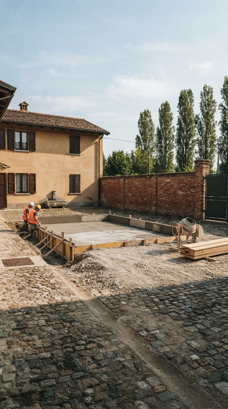 Static vertical 9:16 YouTube Shorts still for a construction timelapse. Eye-level camera about 1.6 meters high, three-quarter view from the courtyard, standing about 18 meters from the center of the open cobbled yard, looking toward the rear of the lot. Horizon sits mid-frame. Foreground: worn cobblestone pavement of mixed grey and brown stones with irregular joints and a faint tire-polished track running from the lower left toward the center. Left background: a two-story plastered house in warm ochre with dark timber shutters and a terracotta tiled roof. Right background: a continuous red-brick boundary wall about 2.2 meters high with weathered mortar. Far background: a row of poplars beyond the wall and a pale blue late-morning sky with thin white clouds. Existing elements stay fixed: a dark-green steel pedestrian gate in the brick wall at the far right, a cast-iron drain cover near the house corner on the left, and a low stone water trough against the house wall. In the center, a rectangular excavation about 9 by 4 meters has been cut into the cobbles. A grey concrete foundation slab 20 centimeters thick is already poured and occupies the dock and ramp footprint. Timber formwork stands along the 8-meter loading face and the two short sides; wet grey concrete fills those walls only to about 60 centimeters, leaving the upper 50 centimeters of formwork empty. The 6-by-3-meter ramp zone toward the camera is compacted crushed stone with no finished concrete wearing surface. No steel angle, no rubber bumpers, no handrail, no top slab on the dock. A small mixer and a stack of unused form boards sit on the cobbles to the right of the excavation. Two workers in helmets and high-visibility vests stand beside the formwork, not blocking the unfinished wall line. Natural late-morning sunlight from the left, crisp contact shadows, photographic color grading, slightly warm, enough depth of field to keep house, works and wall sharp.
