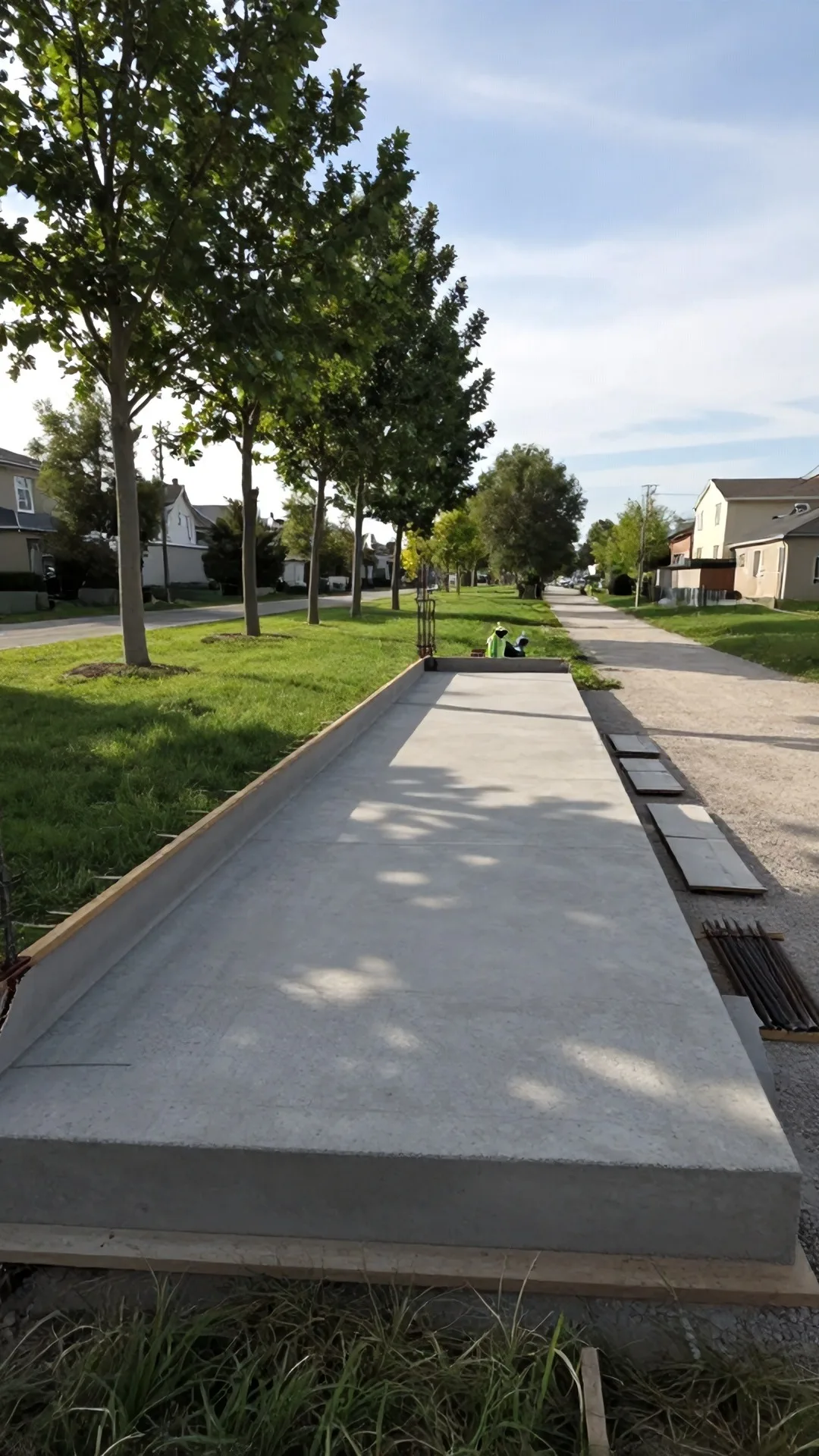 Immagine statica per YouTube Shorts verticale 9:16, da usare in un timelapse di costruzione. Parco di quartiere di pianura in una giornata pomeridiana limpida. Camera fissa a circa 2 metri dal suolo, prospettiva obliqua a livello d’uomo da circa 16 metri dallo slargo centrale, orizzonte a un terzo dall’alto. In primo piano erba bassa e un bordo di terra battuta; al centro uno slargo erboso; a sinistra un filare di platani adulti con foglie verdi e tronchi grigi; a destra un sentiero in ghiaia chiara che corre verso il fondo; sullo sfondo palazzine residenziali basse intonacate e un tratto di cielo azzurro con nubi sottili. Luce naturale da sinistra-alto, ombre di contatto nette e corte, color grading fotografico naturale leggermente caldo. Al centro è gettata una platea in calcestruzzo grezzo grigio di 12 metri per 8 metri e 18 centimetri di spessore, con superficie ancora opaca e giunti di contrazione visibili; sul lato corto lontano le casseforme curve del quarter pipe sono in opera e il getto arriva a metà altezza, circa 60 centimetri, lasciando esposto l’armatura superiore della transizione; il rail e il ledge non sono presenti. Due operai con casco e giubbotto alta visibilità sistemano una tavola di cassaforma sul lato lontano; a destra della platea restano tre pannelli di cassaforma e un mucchio di tondini. La platea occupa lo slargo centrale senza coprire platani e sentiero.