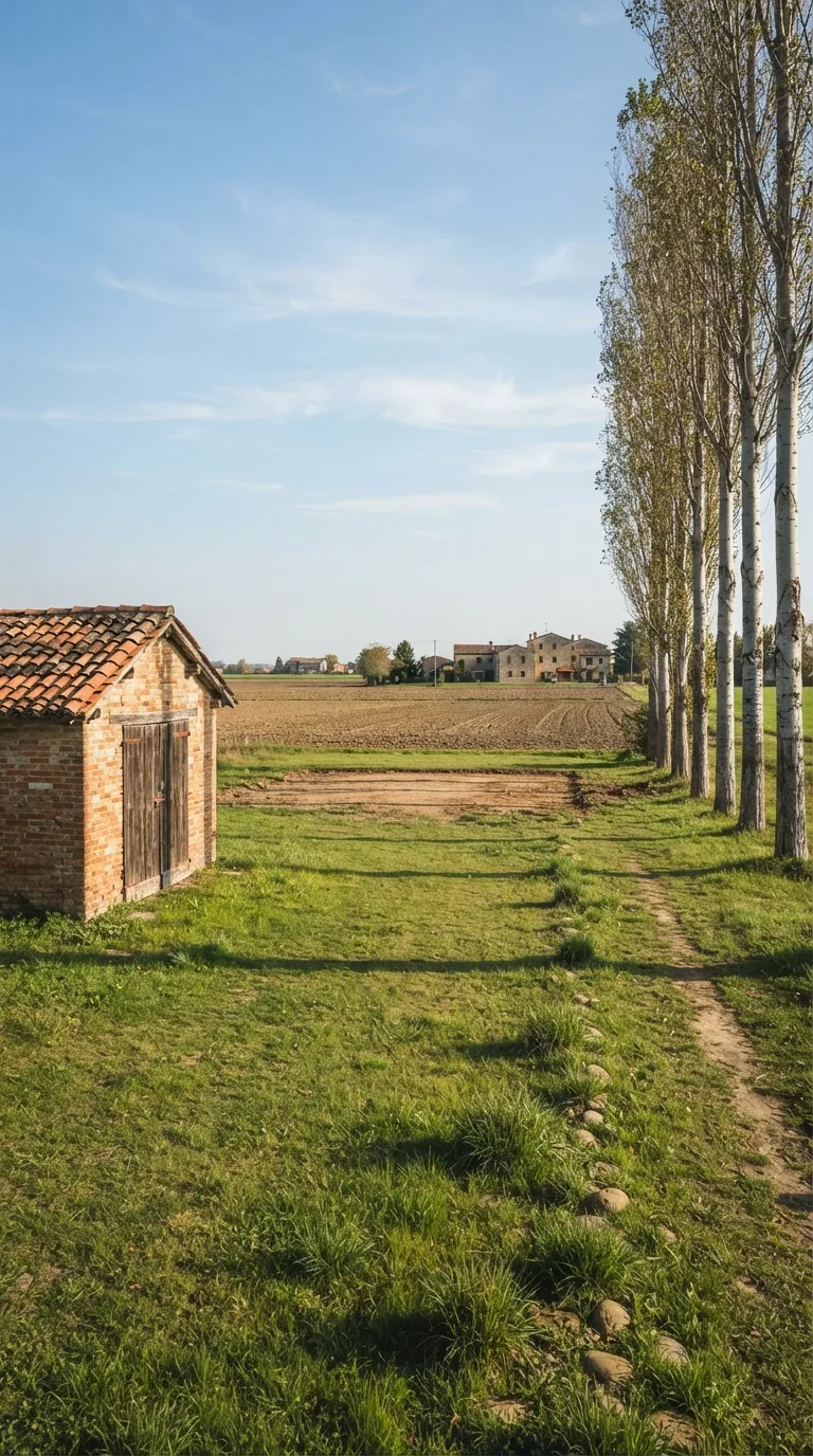 Immagine statica per YouTube Shorts verticale 9:16 destinata a un timelapse di costruzione. Camera fissa a circa 2 metri da terra, prospettiva obliqua a tre quarti da sud-est, orizzonte a un terzo dall’alto, primo piano erboso, area centrale del prato e sfondo agricolo. A sinistra un capanno in laterizio a un piano con tetto in coppi e porta in legno scuro; a destra un filare di pioppi alti con tronco chiaro; sullo sfondo campi arati e una bassa linea di cascine. Il prato di pianura è verde medio, leggermente ondulato, con ciuffi d’erba e qualche ciottolo; al centro uno slargo di terra compatta e erba corta già libero, senza segni di scavo. A destra in primo piano un sentiero sterrato esistente parallelo al filare. Luce pomeridiana chiara da sinistra, ombre di contatto nette e corte, cielo azzurro con nubi sottili, color grading fotografico naturale leggermente caldo, profondità di campo sufficiente a leggere capanno, prato e pioppi.