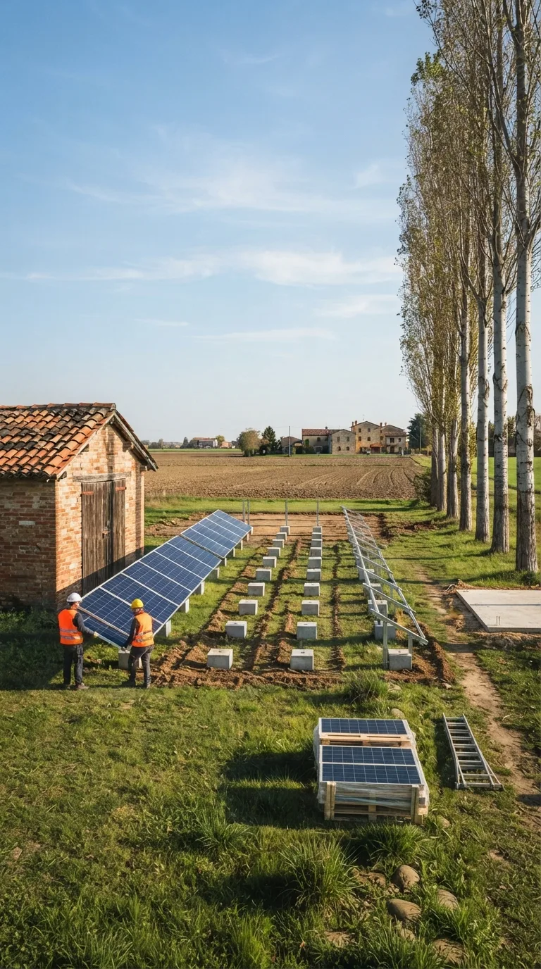 Immagine statica per YouTube Shorts verticale 9:16 destinata a un timelapse di costruzione. Camera fissa a circa 2 metri da terra, prospettiva obliqua a tre quarti da sud-est, orizzonte a un terzo dall’alto, primo piano erboso, area centrale del prato e sfondo agricolo. A sinistra un capanno in laterizio a un piano con tetto in coppi e porta in legno scuro; a destra un filare di pioppi alti con tronco chiaro; sullo sfondo campi arati e una bassa linea di cascine. Luce pomeridiana chiara da sinistra, ombre di contatto nette e corte, cielo azzurro con nubi sottili, color grading fotografico naturale leggermente caldo, profondità di campo sufficiente a leggere capanno, cantiere e pioppi. Al centro del prato tre file di plinti in calcestruzzo grigio 40 per 40 centimetri, otto per fila, già gettati e allineati nord-sud con passo di 4 metri tra le file. Sulla fila più vicina alla camera le rastrelliere in acciaio zincato inclinate di 30 gradi sono montate per intero e quattro moduli policristallini blu sono già fissati sul tratto sinistro; sul tratto destro della stessa fila restano solo i profili vuoti. La fila centrale ha le rastrelliere montate ma nessun modulo. La fila lontana mostra soltanto i plinti e due montanti appena infissi. A destra dell’area, vicino al sentiero, la platea del locale inverter è gettata ma il volume prefabbricato manca. Due operai con casco e giubbotto ad alta visibilità manovrano un modulo sul lato sinistro della fila vicina; a terra, allineati sul sentiero, restano tre pallet di moduli e una scala a pioli. Il prato intorno ai plinti è smosso in fasce strette; fuori dalle fasce l’erba resta intatta.