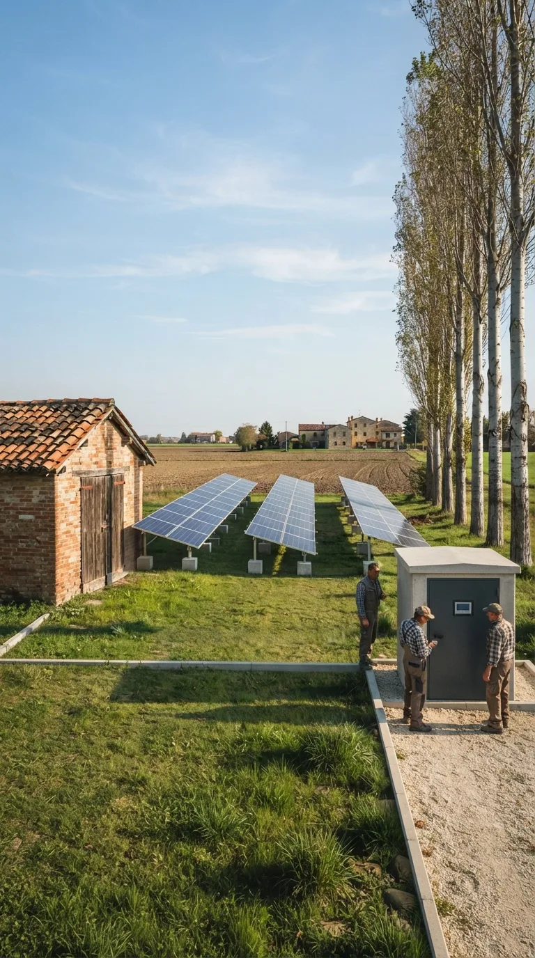 Immagine statica per YouTube Shorts verticale 9:16 destinata a un timelapse di costruzione. Camera fissa a circa 2 metri da terra, prospettiva obliqua a tre quarti da sud-est, orizzonte a un terzo dall’alto, primo piano erboso, area centrale del prato e sfondo agricolo. A sinistra un capanno in laterizio a un piano con tetto in coppi e porta in legno scuro; a destra un filare di pioppi alti con tronco chiaro; sullo sfondo campi arati e una bassa linea di cascine. Luce pomeridiana chiara da sinistra, ombre di contatto nette e corte, cielo azzurro con nubi sottili, color grading fotografico naturale leggermente caldo, profondità di campo sufficiente a leggere capanno, impianto e pioppi. Al centro tre file complete di moduli policristallini blu su rastrelliere in acciaio zincato inclinate di 30 gradi, ciascuna lunga 16 metri e alta 1,6 metri all’estradosso, orientate a sud, con passo di 4 metri. Ogni fila poggia su otto plinti in calcestruzzo. A destra dell’impianto, sul lato vicino, il locale inverter prefabbricato in calcestruzzo grigio misura 2,4 per 1,6 metri e alto 2,2 metri, con sportello in acciaio antracite rivolto verso le file. Un cordolo basso in calcestruzzo e un percorso in ghiaia chiara contengono il lotto. Due agricoltori in abiti da lavoro restano sul sentiero vicino al locale: uno legge un display sul sportello, l’altro osserva le file; nessun operaio e nessun mezzo di cantiere. L’erba tra le file è rasata e il prato esterno è integro, con spazio libero attorno all’impianto.