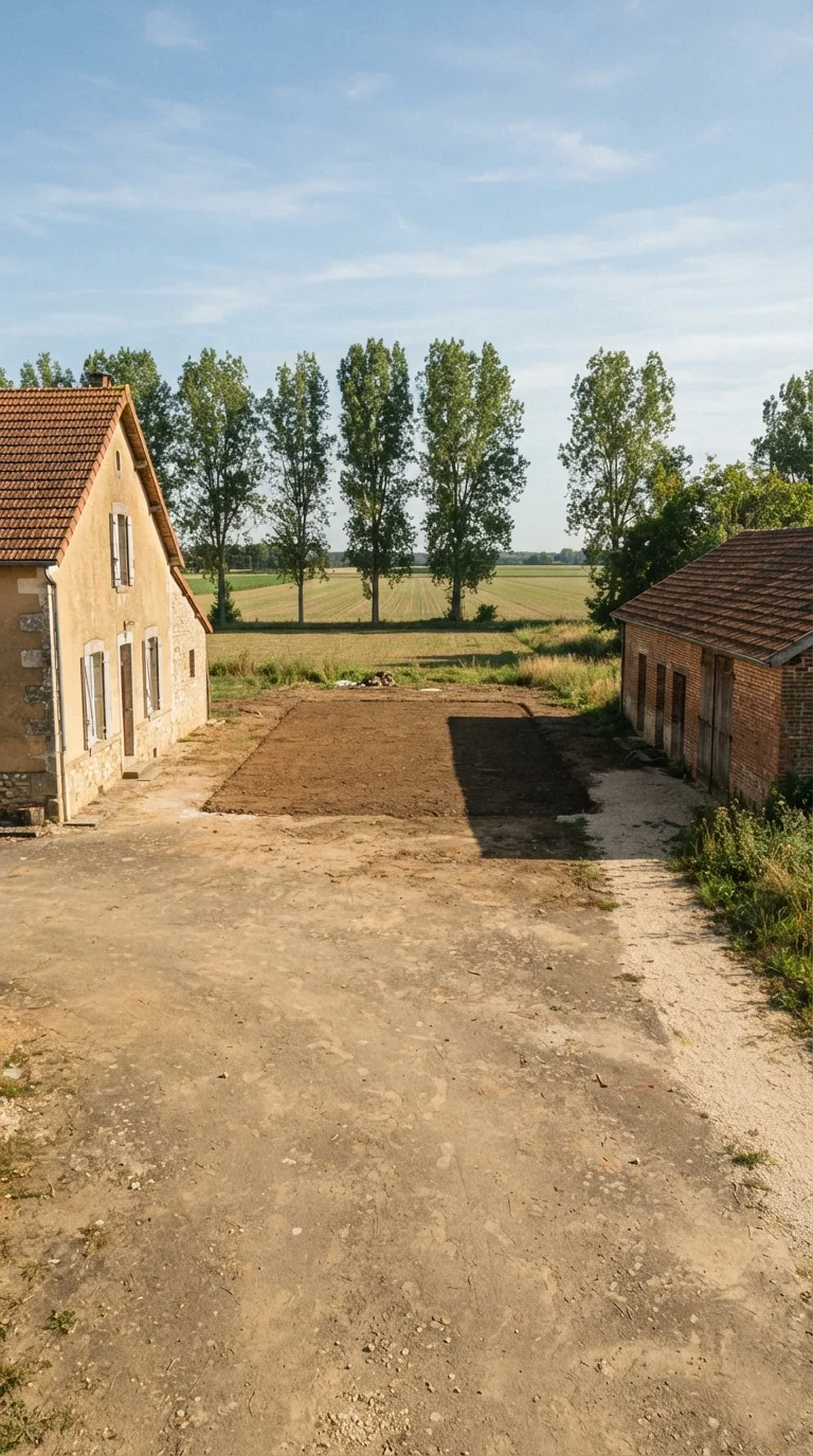 Fotografia statica verticale 9:16 per YouTube Shorts destinata a un timelapse di costruzione. Inquadratura fissa a livello d’uomo, alta circa 1,7 metri, obliqua da sud-ovest, a circa 18 metri dal centro dell’aia. La casa colonica intonacata ocra a un piano e mezzo occupa il bordo sinistro; il fienile basso in laterizio con tetto in coppi occupa il bordo destro; sullo sfondo un filare di pioppi e campi pianeggianti. In primo piano l’aia in terra battuta ocra-grigia, compatta, con orme leggere e qualche ciottolo sparso; al centro uno slargo rettangolare livellato di terra nuda, libero e continuo, senza cumuli. A destra un sentiero in ghiaia chiara costeggia il fienile. Luce pomeridiana chiara da sinistra, ombre corte e nitide, cielo azzurro con nubi sottili, color grading fotografico naturale leggermente caldo. Nessun movimento di camera.
