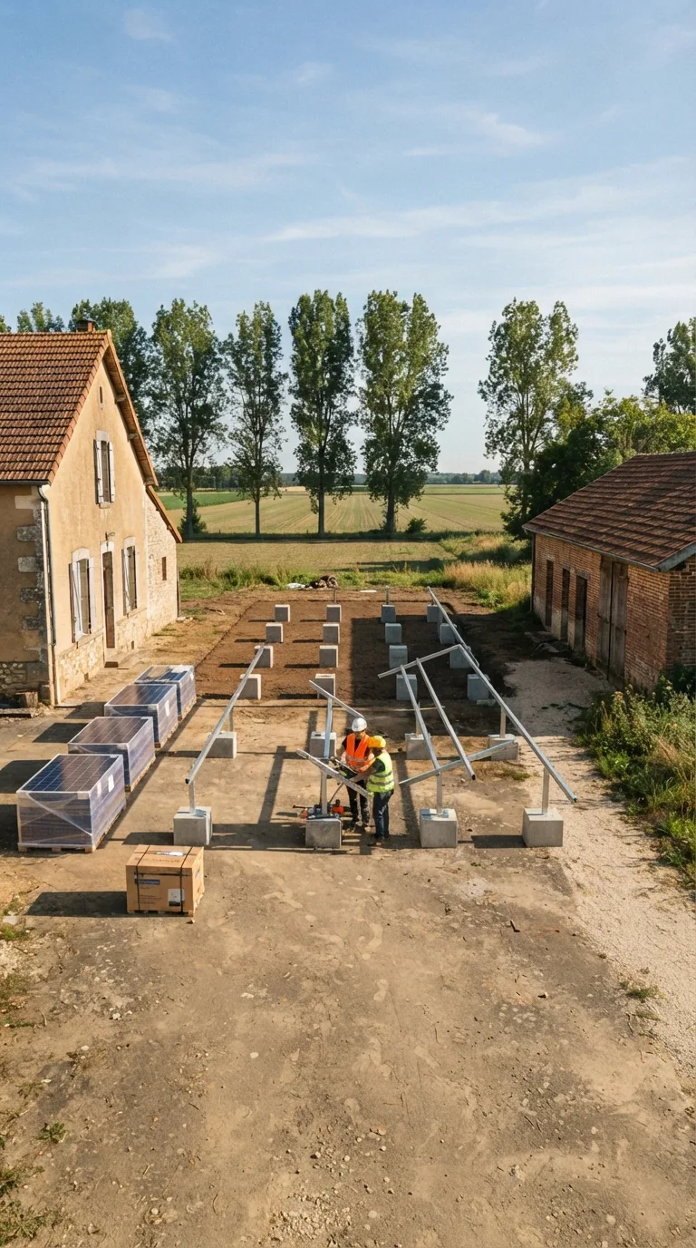 Fotografia statica verticale 9:16 per YouTube Shorts destinata a un timelapse di costruzione. Inquadratura fissa a livello d’uomo, alta circa 1,7 metri, obliqua da sud-ovest, a circa 18 metri dal centro dell’aia. La casa colonica intonacata ocra a un piano e mezzo occupa il bordo sinistro; il fienile basso in laterizio con tetto in coppi occupa il bordo destro; sullo sfondo un filare di pioppi e campi pianeggianti. In primo piano l’aia in terra battuta ocra-grigia resta intatta fuori dal lotto; al centro lo slargo rettangolare mostra dodici plinti in calcestruzzo grigio 40 per 40 centimetri, alti 30 centimetri, allineati in tre file da quattro. Sulle due file più vicine alla camera i montanti e i longheroni in acciaio zincato formano già i tavoli inclinati a 30 gradi, lunghi 12 metri e larghi 2,2 metri, ancora senza moduli. La terza fila lontana ha soltanto i plinti e due montanti appena infissi. A terra, sul lato sinistro del lotto, pallet di moduli blu ancora imballati e una cassa inverter chiusa. Due operai con casco e giubbotto allineano un longherone sulla fila centrale. Luce pomeridiana chiara da sinistra, ombre corte e nitide, cielo azzurro con nubi sottili, color grading fotografico naturale leggermente caldo. Nessun movimento di camera.