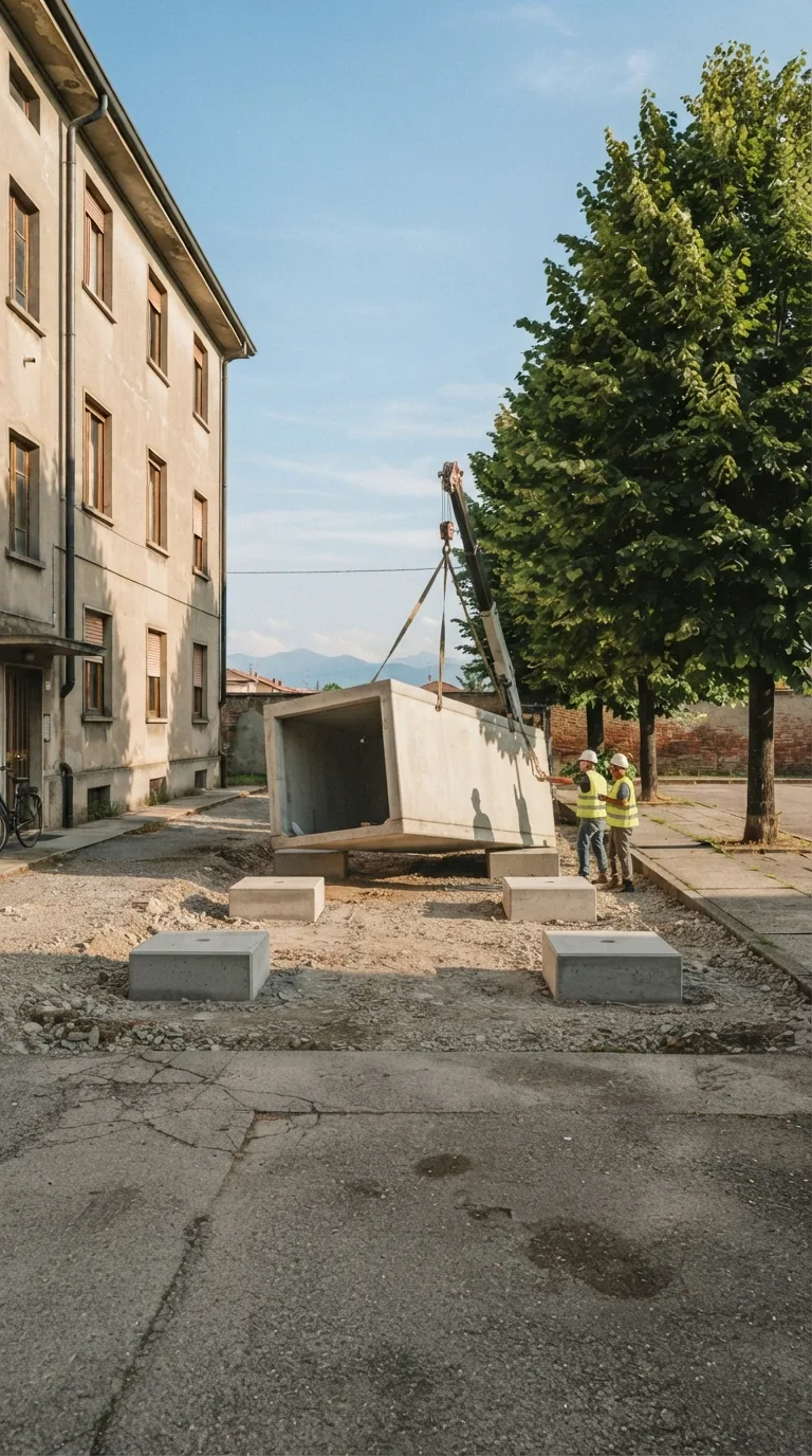 Immagine statica per YouTube Shorts verticale 9:16, destinata a un timelapse di costruzione. Cortile asfaltato di un isolato residenziale di pianura italiana. Inquadratura verticale fissa, camera a circa 1,6 metri da terra, prospettiva obliqua da sud-ovest a circa 14 metri dal centro dello slargo. L’orizzonte taglia il terzo superiore. In primo piano a sinistra e in basso l’asfalto grigio consunto con giunti e macchie chiare. A sinistra, in secondo piano, la facciata laterale di un edificio residenziale a tre piani intonacato beige con quattro finestre allineate e un pluviale scuro. A destra un filare di tre tigli adulti con foglie verdi dense e un marciapiede in lastre di cemento. Sul fondo un muro di recinzione basso in laterizio e il cielo. Al centro dello slargo quattro plinti in calcestruzzo grigio 50 per 50 centimetri e alti 40 centimetri sono già gettati e allineati a rettangolo di 4,2 per 2,6 metri; sui due plinti vicini alla camera poggiano due appoggi in acciaio. Il monoblocco prefabbricato in calcestruzzo grigio, lungo 4,2 metri, largo 2,6 metri e alto 2,8 metri, è posato soltanto sui due plinti lontani: il volume resta inclinato verso la camera con il lato corto vicino sollevato di circa 30 centimetri, tetto piano ancora privo di scossaline, aperture frontali aperte senza portellini. Accanto a destra, sul letto di ghiaia ancora incompleto, due operai con casco bianco e giubbotto giallo guidano le funi di un piccolo autogrù compatto il cui braccio sostiene il bordo vicino del monoblocco. Il quadro di media tensione e il cordolo perimetrale non sono ancora presenti. Luce pomeridiana chiara da sinistra, ombre di contatto nette e corte, cielo azzurro con nubi sottili, color grading fotografico naturale leggermente caldo, profondità di campo sufficiente a leggere plinti, monoblocco, edificio e tigli.