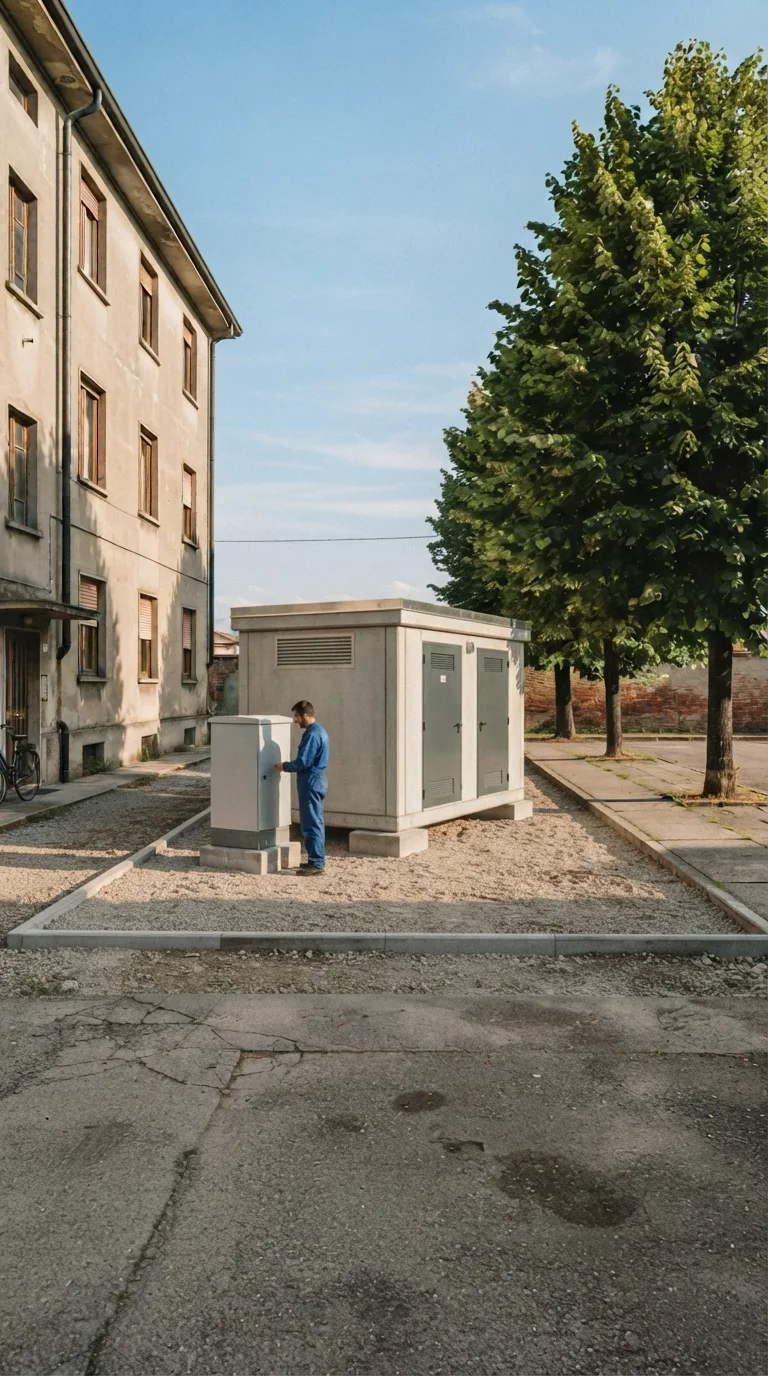 Immagine statica per YouTube Shorts verticale 9:16, destinata a un timelapse di costruzione. Cortile asfaltato di un isolato residenziale di pianura italiana. Inquadratura verticale fissa, camera a circa 1,6 metri da terra, prospettiva obliqua da sud-ovest a circa 14 metri dal centro dello slargo. L’orizzonte taglia il terzo superiore. In primo piano a sinistra e in basso l’asfalto grigio consunto con giunti e macchie chiare. A sinistra, in secondo piano, la facciata laterale di un edificio residenziale a tre piani intonacato beige con quattro finestre allineate e un pluviale scuro. A destra un filare di tre tigli adulti con foglie verdi dense e un marciapiede in lastre di cemento. Sul fondo un muro di recinzione basso in laterizio e il cielo. Al centro dello slargo la cabina elettrica prefabbricata è completa e interamente visibile, con spazio libero attorno: monoblocco in calcestruzzo prefabbricato grigio 4,2 per 2,6 metri, alto 2,8 metri al tetto piano con scossaline in lamiera zincata, poggiato in piano sui quattro plinti. Sul fronte verso la camera due portellini in acciaio antracite chiusi e una griglia di aerazione orizzontale. Sul lato corto vicino un basamento in calcestruzzo 1,2 per 0,8 metri sostiene un quadro di media tensione in cassa d’acciaio grigio con sportello chiuso. Un cordolo basso in calcestruzzo e un letto di ghiaia chiara isolano il volume dall’asfalto. Un tecnico in tuta blu scura, senza elmetto da cantiere, è fermo di profilo sul lato corto vicino e controlla lo sportello del quadro. Nessun mezzo di cantiere. Luce pomeridiana chiara da sinistra, ombre di contatto nette e corte, cielo azzurro con nubi sottili, color grading fotografico naturale leggermente caldo, profondità di campo sufficiente a leggere cabina, quadro, edificio e tigli.