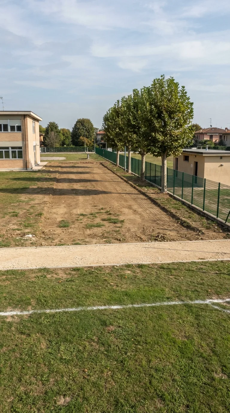 Singola immagine statica fotorealistica destinata a un YouTube Shorts verticale 9:16 e a un timelapse di costruzione. Piccolo campo da calcio di quartiere in una periferia italiana di pianura: la linea laterale bianca e una fascia di erba verde occupano il primo piano; oltre un percorso rettilineo in ghiaia beige, una striscia pianeggiante di terreno compatto con erba rada si estende orizzontalmente al centro. Sullo sfondo restano un edificio scolastico in mattoni chiari a sinistra, quattro platani allineati lungo una rete metallica verde e un basso spogliatoio intonacato color sabbia a destra. Camera statica alta 3,5 metri, collocata dal campo a circa 18 metri dalla fascia centrale, vista obliqua frontale da sinistra con prospettiva naturale equivalente a 35 mm. Inquadratura ampia: margine libero ai lati dell'area centrale, percorso completamente leggibile, orizzonte nel terzo superiore. Luce morbida di tarda mattina da sinistra, cielo poco nuvoloso, ombre di contatto corte verso destra, colori naturali e profondità di campo sufficiente a leggere terreno e ancore ambientali. La striscia centrale mostra terra bruna compattata, ciuffi d'erba rada e un bordo regolare contro il percorso; la rete, gli alberi e gli edifici rimangono nitidi e proporzionati.