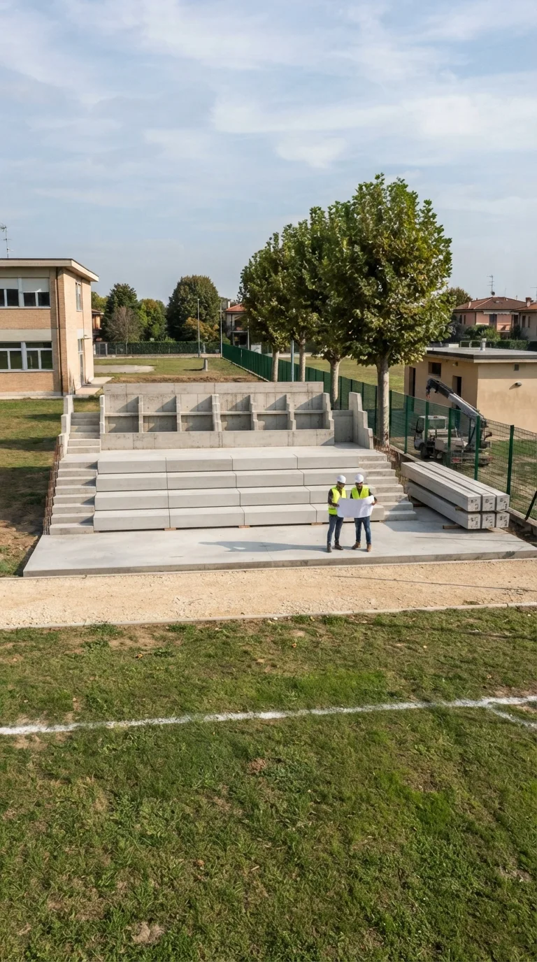Singola immagine statica fotorealistica destinata a un YouTube Shorts verticale 9:16 e a un timelapse di costruzione. Piccolo campo da calcio di quartiere in una periferia italiana di pianura: la linea laterale bianca e una fascia di erba verde occupano il primo piano; oltre un percorso rettilineo in ghiaia beige, una striscia pianeggiante di terreno compatto con erba rada si estende orizzontalmente al centro. Sullo sfondo restano un edificio scolastico in mattoni chiari a sinistra, quattro platani allineati lungo una rete metallica verde e un basso spogliatoio intonacato color sabbia a destra. Camera statica alta 3,5 metri, collocata dal campo a circa 18 metri dalla fascia centrale, vista obliqua frontale da sinistra con prospettiva naturale equivalente a 35 mm. Inquadratura ampia: margine libero ai lati dell'area centrale, percorso completamente leggibile, orizzonte nel terzo superiore. Luce morbida di tarda mattina da sinistra, cielo poco nuvoloso, ombre di contatto corte verso destra, colori naturali e profondità di campo sufficiente a leggere terreno e ancore ambientali. Al centro è in costruzione una gradonata scoperta lunga 12 metri, profonda 4,8 metri e alta 1,8 metri sul retro. La platea rettangolare in calcestruzzo armato grigio è completa e poggia a quota del terreno; cinque setti trasversali in calcestruzzo, disposti ogni 3 metri comprese le due estremità, sono completi e mostrano il profilo a quattro gradini. Sui setti sono fissati soltanto gli otto moduli lunghi 3 metri che formano le due file inferiori in calcestruzzo grigio chiaro, con giunti verticali allineati; i due gradini superiori restano esposti e i relativi otto moduli non sono ancora posati. Le due scale laterali larghe 1,2 metri sono gettate fino alla seconda fila e terminano con ferri protetti per il completamento. Il parapetto posteriore e quelli laterali non sono presenti. Sul margine destro della platea, gli otto moduli destinati alle file superiori poggiano orizzontali in due pile ordinate su travetti di legno; dietro di essi una piccola gru mobile ha il braccio abbassato e stabile. Due operai con casco e giubbotto ad alta visibilità stanno sulla platea davanti alla prima fila: uno tiene una grande planimetria bianca ancora piegata all'altezza della vita, l'altro indica il foglio. Nessuno copre il raccordo tra file installate e gradini esposti; il percorso lungo il campo resta libero.