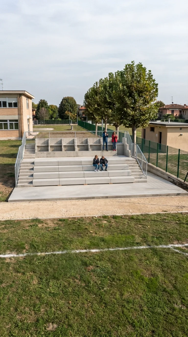 Singola immagine statica fotorealistica destinata a un YouTube Shorts verticale 9:16 e a un timelapse di costruzione. Piccolo campo da calcio di quartiere in una periferia italiana di pianura: la linea laterale bianca e una fascia di erba verde occupano il primo piano; oltre un percorso rettilineo in ghiaia beige, una striscia pianeggiante di terreno compatto con erba rada si estende orizzontalmente al centro. Sullo sfondo restano un edificio scolastico in mattoni chiari a sinistra, quattro platani allineati lungo una rete metallica verde e un basso spogliatoio intonacato color sabbia a destra. Camera statica alta 3,5 metri, collocata dal campo a circa 18 metri dalla fascia centrale, vista obliqua frontale da sinistra con prospettiva naturale equivalente a 35 mm. Inquadratura ampia: margine libero ai lati dell'area centrale, percorso completamente leggibile, orizzonte nel terzo superiore. Luce morbida di tarda mattina da sinistra, cielo poco nuvoloso, ombre di contatto corte verso destra, colori naturali e profondità di campo sufficiente a leggere terreno e ancore ambientali. Al centro è completa una gradonata scoperta lunga 12 metri, profonda 4,8 metri e alta 1,8 metri sul retro, dimensionata per circa quaranta spettatori. La platea rettangolare in calcestruzzo armato grigio sostiene cinque setti trasversali a profilo gradonato disposti ogni 3 metri; quattro file, ciascuna composta da quattro moduli prefabbricati lunghi 3 metri in calcestruzzo grigio chiaro, sono fissate e perfettamente allineate sui setti, con giunti verticali coincidenti. Due scale laterali complete, larghe 1,2 metri, collegano il percorso a tutte le file. Un parapetto tubolare in acciaio zincato alto 1,1 metri segue il bordo posteriore e i due fianchi alti con montanti regolari. Giunti, spigoli e appoggi rimangono leggibili, con superfici opache e lievi variazioni naturali del calcestruzzo. Sei spettatori distribuiti sulle tre file superiori guardano una partita verso il campo, alcuni seduti e due in piedi mentre applaudono, lasciando visibili struttura, scale e parapetti. Il percorso è pulito, la fascia attorno è libera e non sono presenti operai, mezzi o materiali di cantiere.