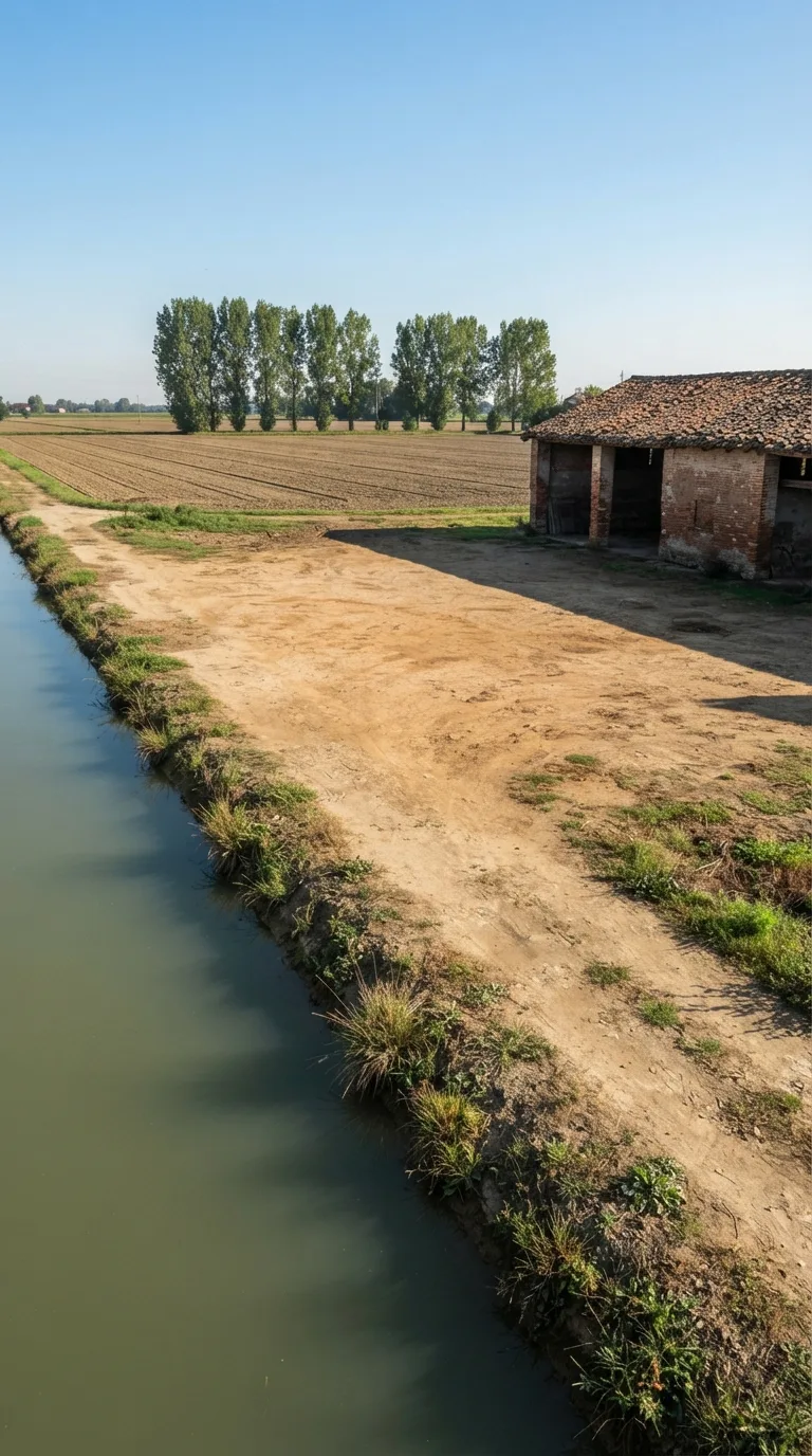 Immagine statica per YouTube Shorts verticale 9:16 destinata a un timelapse di costruzione. Sponda di un canale irriguo di pianura padana: a sinistra il canale rettilineo con acqua ferma verdognola e sponda in terra battuta; al centro un tratto di aia compatta in terra ocra; a destra in secondo piano un fienile basso in laterizio a un piano con tetto in coppi; sullo sfondo un filare di pioppi e campi arati. Camera fissa a circa 2,2 metri da terra, prospettiva a tre quarti dalla sponda verso l’aia, orizzonte a un terzo dall’alto, primo piano sulla riva, area centrale libera, sfondo agricolo. Ancore preesistenti: filo d’acqua e sponda sinistra, fienile a destra, filare di pioppi lontano. Luce mattutina chiara da destra, ombre corte nitide, cielo sereno, color grading fotografico naturale. Nell’area centrale la terra battuta è continua, con erba rada sui bordi e qualche ciuffo lungo la riva. La sponda e l’aia restano libere e percorribili.