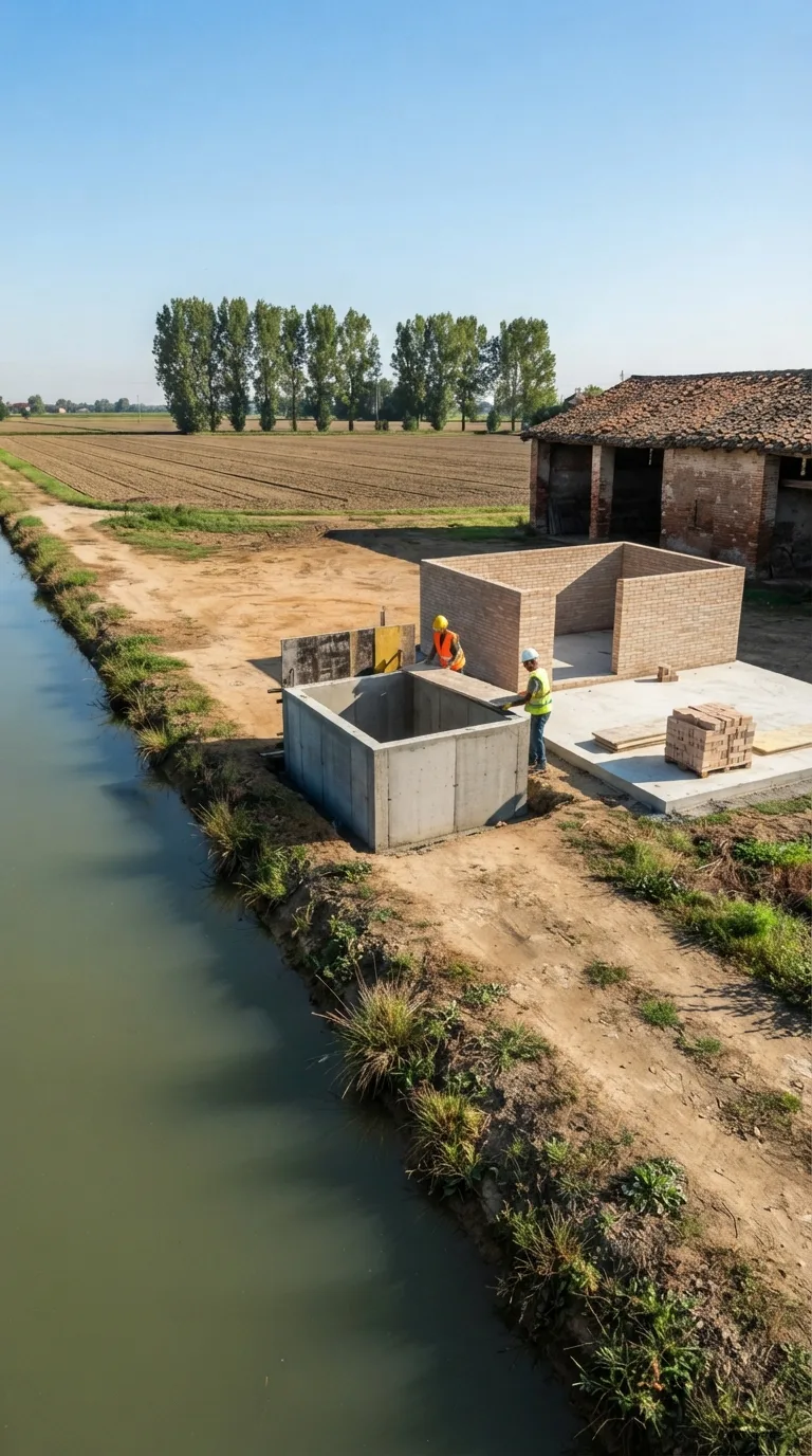 Immagine statica per YouTube Shorts verticale 9:16 destinata a un timelapse di costruzione. Sponda di un canale irriguo di pianura padana: a sinistra il canale rettilineo con acqua ferma verdognola e sponda in terra battuta; al centro un tratto di aia compatta in terra ocra; a destra in secondo piano un fienile basso in laterizio a un piano con tetto in coppi; sullo sfondo un filare di pioppi e campi arati. Camera fissa a circa 2,2 metri da terra, prospettiva a tre quarti dalla sponda verso l’aia, orizzonte a un terzo dall’alto, primo piano sulla riva, area centrale di cantiere, sfondo agricolo. Ancore preesistenti: filo d’acqua e sponda sinistra, fienile a destra, filare di pioppi lontano. Luce mattutina chiara da destra, ombre corte nitide, cielo sereno, color grading fotografico naturale. Al centro, a due metri dalla riva, è già gettato un pozzetto umido rettangolare in calcestruzzo grigio 3,0 per 2,2 metri, pareti alte 2,0 metri e spesse 25 centimetri, bordo superiore ancora aperto senza soletta di copertura; sulla parete lontana restano i pannelli di casseratura in legno. Accanto verso il fienile i muri perimetrali di un locale in laterizio chiaro sono alzati a 1,3 metri su una platea in calcestruzzo 5 per 4 metri; mancano tetto, infissi e impianti. Un pallet di mattoni e due tavole di casseratura stanno sul lato destro della platea. Due operai con casco e giubbotto alto visibilità sistemano una tavola sul bordo del pozzetto. Non sono presenti condotte, pompe, griglie né copertura.