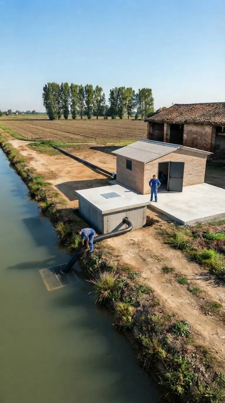 Immagine statica per YouTube Shorts verticale 9:16 destinata a un timelapse di costruzione. Sponda di un canale irriguo di pianura padana: a sinistra il canale rettilineo con acqua ferma verdognola e sponda in terra battuta; al centro un tratto di aia compatta in terra ocra; a destra in secondo piano un fienile basso in laterizio a un piano con tetto in coppi; sullo sfondo un filare di pioppi e campi arati. Camera fissa a circa 2,2 metri da terra, prospettiva a tre quarti dalla sponda verso l’aia, orizzonte a un terzo dall’alto, primo piano sulla riva, area centrale occupata dall’opera finita con margine libero, sfondo agricolo. Ancore preesistenti: filo d’acqua e sponda sinistra, fienile a destra, filare di pioppi lontano. Luce mattutina chiara da destra, ombre corte nitide, cielo sereno, color grading fotografico naturale. Il pozzetto umido in calcestruzzo grigio 3,0 per 2,2 metri è chiuso da una soletta calpestabile con bordo largo 30 centimetri e un chiusino quadrato in acciaio; dal canale entra una condotta di aspirazione nera da 150 millimetri con griglia metallica sommersa a riva. Accanto, sulla platea 5 per 4 metri, il locale pompe in laterizio chiaro misura 3,6 per 2,4 metri e 2,6 metri all’imposta, tetto a due falde in lastre di fibrocemento grigio, porta in acciaio antracite aperta sul fronte cortile e una piccola griglia di aerazione sul lato corto. Dal basamento del locale parte una condotta di mandata da 150 millimetri parallela alla sponda verso i campi. Un agricoltore in tuta da lavoro è fermo sulla soglia e controlla l’interno del locale; un secondo agricoltore è chinato sulla griglia di aspirazione a riva. Nessun operaio, nessuna casseratura, nessun materiale di cantiere.