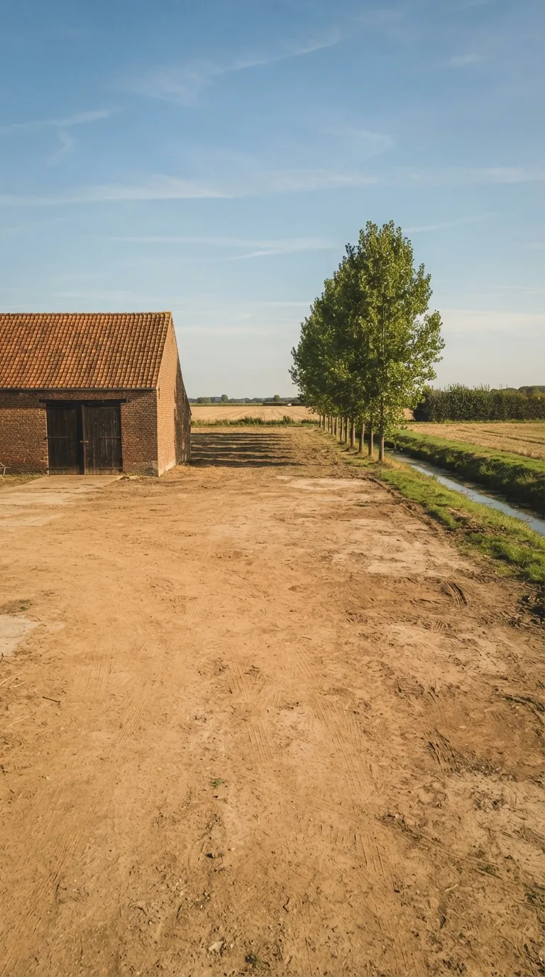 Fotografia statica verticale 9:16 per YouTube Shorts, destinata a un timelapse di costruzione. Cortile sterrato di un’azienda agricola di pianura fotografato in tre quarti da una camera fissa a circa 1,6 metri di altezza e 16 metri di distanza, con orizzonte a un terzo dal bordo superiore. In primo piano terra battuta ocra compatta con ormaie leggere; al centro lo slargo libero; a sinistra un fienile in laterizio a un piano con tetto in coppi e portone di legno scuro; a destra un filare di pioppi verdi; in secondo piano un fosso di scolo esistente con acqua bassa e sponde inerbite, parallelo allo sfondo. Dietro i pioppi campi di stoppie e una siepe bassa. Luce pomeridiana chiara da sinistra, ombre di contatto nette e corte, cielo azzurro con nubi sottili, color grading fotografico naturale leggermente caldo, profondità di campo sufficiente a leggere cortile e ancore. Nessun movimento di camera.
