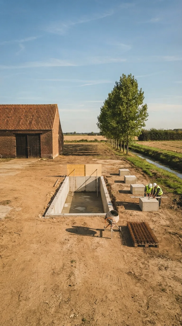 Fotografia statica verticale 9:16 per YouTube Shorts, destinata a un timelapse di costruzione. Cortile sterrato di un’azienda agricola di pianura fotografato in tre quarti da una camera fissa a circa 1,6 metri di altezza e 16 metri di distanza, con orizzonte a un terzo dal bordo superiore. In primo piano terra battuta ocra compatta con ormaie leggere; al centro lo slargo; a sinistra un fienile in laterizio a un piano con tetto in coppi e portone di legno scuro; a destra un filare di pioppi verdi; in secondo piano un fosso di scolo esistente con acqua bassa e sponde inerbite, parallelo allo sfondo. Dietro i pioppi campi di stoppie e una siepe bassa. Luce pomeridiana chiara da sinistra, ombre di contatto nette e corte, cielo azzurro con nubi sottili, color grading fotografico naturale leggermente caldo, profondità di campo sufficiente a leggere cortile e ancore. Nessun movimento di camera. Al centro, tra fienile e fosso, è visibile uno scavo rettangolare 3,2 per 2,4 metri con pareti in calcestruzzo armato grezzo già gettate fino al piano di campagna e bordo superiore ancora senza griglia; il fondo del pozzetto è in calcestruzzo umido. Sul lato lontano restano due pannelli di cassaforma in legno chiari ancorati con puntelli. A destra dello scavo, sul terreno, quattro plinti in calcestruzzo 40 per 40 centimetri sono gettati e livellati, ancora senza locale. Accanto ai plinti due operai con casco bianco e giubbotto giallo controllano una livella; una betoniera piccola e un pallet di tondini stanno sul lato vicino senza coprire il pozzetto. Le tubazioni e la porta non sono presenti.