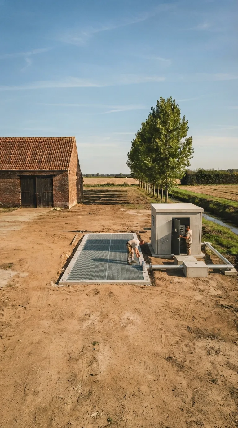 Fotografia statica verticale 9:16 per YouTube Shorts, destinata a un timelapse di costruzione. Cortile sterrato di un’azienda agricola di pianura fotografato in tre quarti da una camera fissa a circa 1,6 metri di altezza e 16 metri di distanza, con orizzonte a un terzo dal bordo superiore. In primo piano terra battuta ocra compatta con ormaie leggere; al centro lo slargo; a sinistra un fienile in laterizio a un piano con tetto in coppi e portone di legno scuro; a destra un filare di pioppi verdi; in secondo piano un fosso di scolo esistente con acqua bassa e sponde inerbite, parallelo allo sfondo. Dietro i pioppi campi di stoppie e una siepe bassa. Luce pomeridiana chiara da sinistra, ombre di contatto nette e corte, cielo azzurro con nubi sottili, color grading fotografico naturale leggermente caldo, profondità di campo sufficiente a leggere cortile e ancore. Nessun movimento di camera. Al centro il pozzetto umido è completo: volume 3,2 per 2,4 metri, profondità interna 2,0 metri, pareti in calcestruzzo a vista grigio, bordo calpestabile largo 30 centimetri e griglia in acciaio zincato a maglia stretta. Affiancato a destra, allineato ai quattro plinti, un locale pompe prefabbricato in calcestruzzo grigio misura 2,4 per 2,0 metri e alto 2,4 metri, con tetto piano, porta in acciaio antracite sul fronte verso la camera e griglia di aerazione sul lato corto. Due tubazioni in acciaio zincato da 150 millimetri poggiano su selle in calcestruzzo: una collega il fosso al pozzetto, l’altra esce dal locale verso i campi a destra. Casseforme, betoniera e pallet sono assenti. Un agricoltore in camicia chiara è chino sulla griglia a ispezionare il pozzetto; un secondo, vicino alla porta aperta del locale, controlla il quadro senza coprire la struttura.