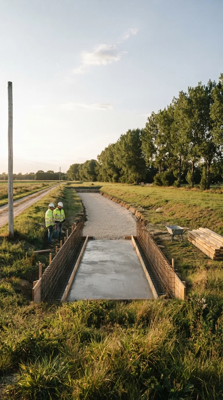 Fotografia statica realistica per un YouTube Shorts verticale 9:16 da usare in un timelapse di costruzione. Camera fissa a circa 1,6 metri di altezza, leggermente rialzata, che guarda in diagonale verso il fondo della scena: primo piano erboso vicino all’obiettivo, fascia centrale di terreno lunga circa venti metri, sullo sfondo una fila di pioppi adulti a destra e un sentiero sterrato agricolo lungo il margine sinistro. Luce di tardo pomeriggio, sole basso da sinistra, ombre lunghe e morbide, cielo sereno con qualche nube alta, resa fotografica naturale, profondità di campo sufficiente a leggere terreno e ancore, palette di verdi, ocra e grigio chiaro. Ancore preesistenti: il sentiero sterrato lungo il margine sinistro, il filare di pioppi sullo sfondo destro e un palo di legno chiaro isolato all’angolo lontano sinistro. Nella fascia centrale è aperto uno scavo trapezoidale lungo diciotto metri, largo 1,6 metri in sommità e profondo 0,7 metri, con asse dal centro vicino verso destra in profondità. Nella metà vicina alla camera il fondo è già una soletta in calcestruzzo grigio, larga 0,8 metri, con superficie frattazzata e casseri in tavole di legno ancora fissati sulle due sponde; le gabbie di armatura delle sponde sono in piedi ma le pareti non sono gettate. Nella metà lontana lo scavo resta aperto, con solo un letto di ghiaia chiara e i casseri non ancora montati. Due operai con casco bianco e giubbotto giallo stanno sulla sponda sinistra vicina, di lato allo scavo, senza coprire il confine tra soletta finita e tratto aperto. Una carriola e un fascio di tavole appoggiano sull’erba a destra. Il sentiero e i pioppi restano invariati, con erba libera intorno allo scavo.