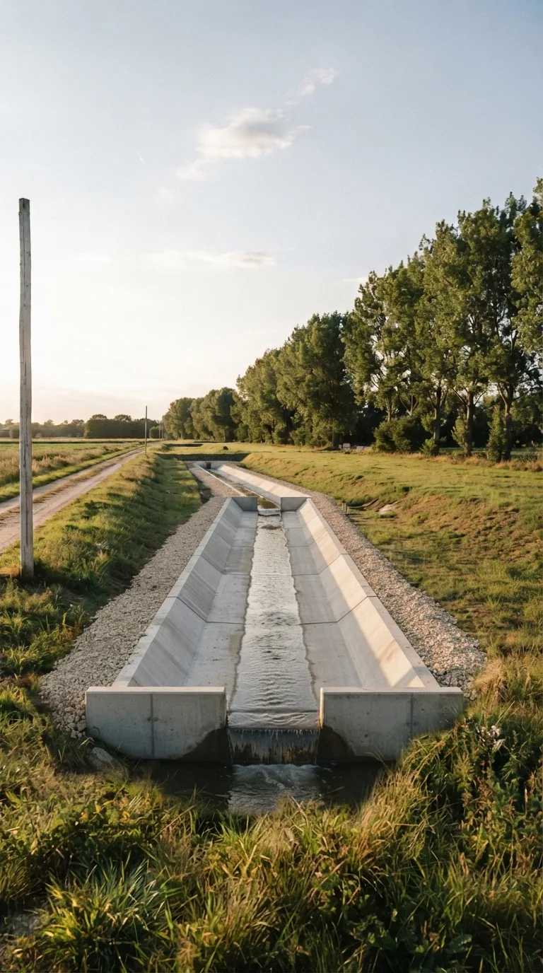 Fotografia statica realistica per un YouTube Shorts verticale 9:16 da usare in un timelapse di costruzione. Camera fissa a circa 1,6 metri di altezza, leggermente rialzata, che guarda in diagonale verso il fondo della scena: primo piano erboso vicino all’obiettivo, fascia centrale di terreno lunga circa venti metri, sullo sfondo una fila di pioppi adulti a destra e un sentiero sterrato agricolo lungo il margine sinistro. Luce di tardo pomeriggio, sole basso da sinistra, ombre lunghe e morbide, cielo sereno con qualche nube alta, resa fotografica naturale, profondità di campo sufficiente a leggere terreno e ancore, palette di verdi, ocra e grigio chiaro. Ancore preesistenti: il sentiero sterrato lungo il margine sinistro, il filare di pioppi sullo sfondo destro e un palo di legno chiaro isolato all’angolo lontano sinistro. Il canale di drenaggio è completo e interamente visibile, lungo diciotto metri, a sezione trapezia, fondo largo 0,8 metri e sommità larga 1,5 metri, profondo 0,7 metri, con fondo e sponde in calcestruzzo grigio a vista e giunti regolari. All’estremità vicina un muretto di testa basso in calcestruzzo chiude il tratto e lascia uscire un velo d’acqua chiaro verso valle. L’acqua, alta pochi centimetri, scorre lungo tutto il fondo e rende leggibile lo scolo. Casseri, armature esposte, carriola e operai non ci sono. Una striscia di ghiaia stretta borda le sponde e il prato resta libero intorno, con il sentiero e i pioppi invariati.