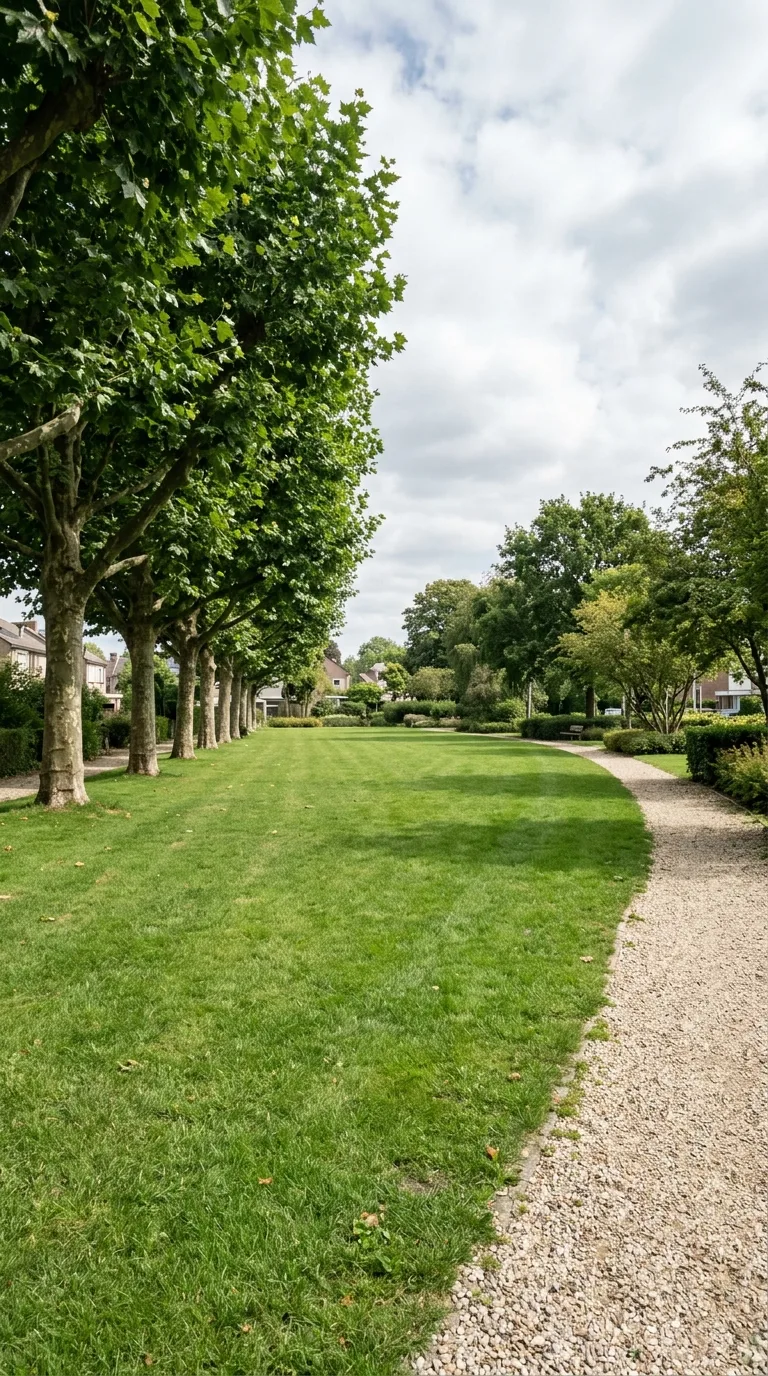 YouTube Shorts verticale 9:16 per un timelapse di costruzione. Camera statica a circa 2 metri di altezza, angolazione frontale leggermente elevata, inquadrando lo slargo centrale del parco di quartiere di pianura. A sinistra un filare di platani adulti con chiome verdi, a destra un sentiero in ghiaia che si allontana verso lo sfondo, fondo di prato verde corto ben tenuto, luce diurna morbida da nord-ovest, cielo parzialmente nuvoloso, color grading naturale fotografico, profondità di campo che mantiene nitide le ancore e l'area centrale. Lo slargo erboso è completamente libero, con erba uniforme e nessuna traccia di lavori.