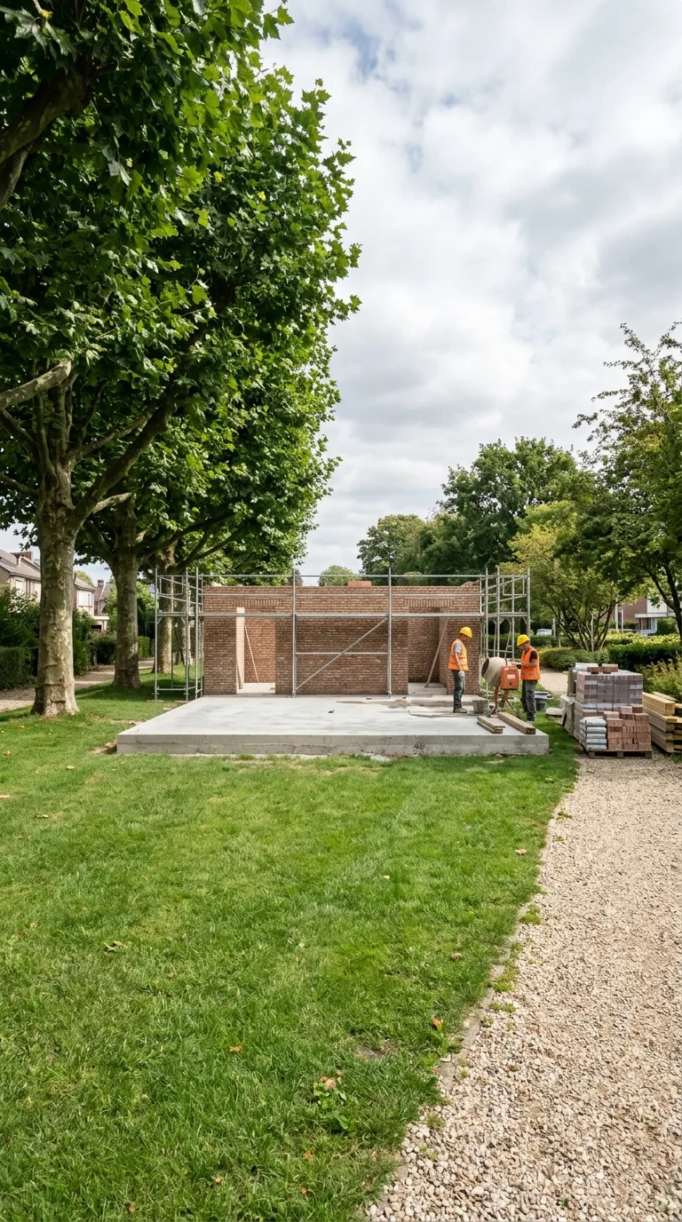 YouTube Shorts verticale 9:16 per un timelapse di costruzione. Camera statica a circa 2 metri di altezza, angolazione frontale leggermente elevata, inquadrando lo slargo centrale del parco di quartiere di pianura. A sinistra un filare di platani adulti con chiome verdi, a destra un sentiero in ghiaia che si allontana verso lo sfondo, fondo di prato verde corto ben tenuto, luce diurna morbida da nord-ovest, cielo parzialmente nuvoloso, color grading naturale fotografico, profondità di campo che mantiene nitide le ancore e l'area centrale. Al centro dello slargo una platea in calcestruzzo grigio gettata di 6,5 per 4 metri, con muri in laterizio a vista alzati fino a 1,4 metri di altezza sui tre lati lontani e laterali, aperture per le due porte segnate da piattabande incomplete, impalcature tubolari temporanee lungo il fronte, materiali di cantiere ordinati a destra, due operai con casco e gilet ad alta visibilità in posa di lavoro.