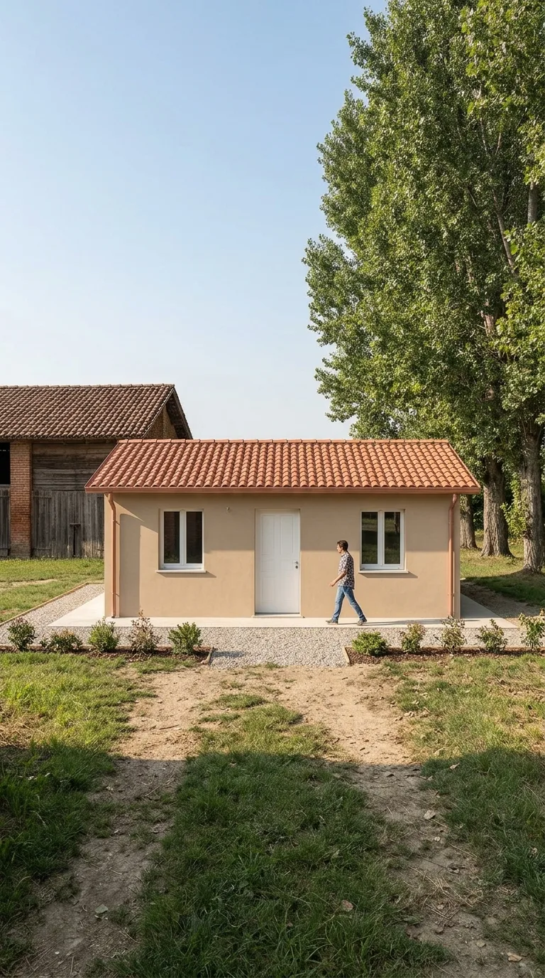 Immagine statica per un YouTube Shorts verticale in formato 9:16 destinata a un timelapse di costruzione. Camera fissa ad altezza occhi, prospettiva frontale con margine attorno all'area centrale, orizzonte a metà altezza. Cortile rurale di pianura con aia centrale in terra battuta, erba ai bordi, a sinistra un fienile in laterizio a un piano con tetto a due falde, a destra un filare di pioppi adulti, un sentiero in ghiaia nello sfondo. Luce naturale diurna da sinistra, cielo sereno, ombre di contatto morbide, color grading fotografico naturale. Al centro la casa a un piano completa, pianta rettangolare 8 per 6 metri, muri intonacati beige, tetto a due falde con tegole rosse, porta di ingresso e due finestre bianche, una persona in abiti casual che cammina verso la porta da destra, spazio libero intorno.