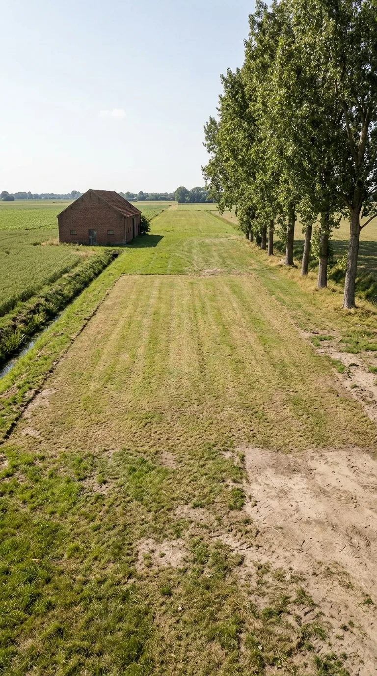 Immagine statica per YouTube Shorts verticale 9:16 destinata a un timelapse di costruzione. Camera fissa a circa due metri di altezza, prospettiva leggermente elevata da un angolo laterale, inquadratura ampia che lascia margine attorno allo spazio centrale. Fascia erbosa di pianura tra due campi, fienile in laterizio a un piano sullo sfondo a sinistra, filare di pioppi adulti a destra, fosso di scolo esistente lungo il bordo sinistro dell'area. Terreno circostante di erba e terra battuta invariato, area centrale libera e livellata in erba bassa. Luce diurna chiara con sole alto, ombre morbide di contatto, meteo sereno, color grading fotografico naturale.
