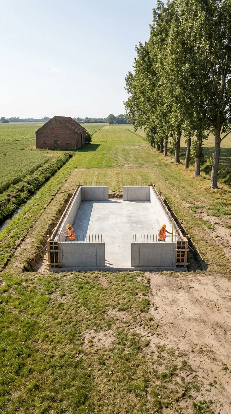 Immagine statica per YouTube Shorts verticale 9:16 destinata a un timelapse di costruzione. Camera fissa a circa due metri di altezza, prospettiva leggermente elevata da un angolo laterale, inquadratura ampia che lascia margine attorno allo spazio centrale. Fascia erbosa di pianura tra due campi, fienile in laterizio a un piano sullo sfondo a sinistra, filare di pioppi adulti a destra, fosso di scolo esistente lungo il bordo sinistro dell'area. Terreno circostante di erba e terra battuta invariato. Nell'area centrale una vasca rettangolare in costruzione: scavo completato, fondo in calcestruzzo armato grigio gettato e livellato, pareti laterali alzate a metà altezza circa 75 centimetri in calcestruzzo armato a vista con armature esposte sul bordo superiore, casseforme in legno ancora posizionate sui lati lunghi, operai in casco e giubbotto alta visibilità che verificano l'allineamento. Luce diurna chiara con sole alto, ombre morbide di contatto, meteo sereno, color grading fotografico naturale.
