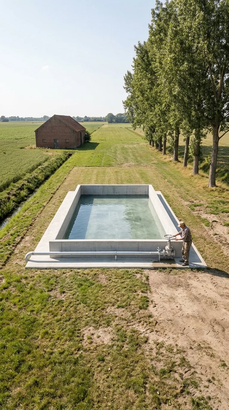 Immagine statica per YouTube Shorts verticale 9:16 destinata a un timelapse di costruzione. Camera fissa a circa due metri di altezza, prospettiva leggermente elevata da un angolo laterale, inquadratura ampia che lascia margine attorno allo spazio centrale. Fascia erbosa di pianura tra due campi, fienile in laterizio a un piano sullo sfondo a sinistra, filare di pioppi adulti a destra, fosso di scolo esistente lungo il bordo sinistro dell'area. Terreno circostante di erba e terra battuta invariato. Vasca di irrigazione completa: rettangolo lungo 12 metri e largo 6 metri, profonda 1,5 metri, pareti e fondo in calcestruzzo armato grigio liscio, bordo calpestabile largo 40 centimetri, tubo in acciaio zincato che collega il fosso al bordo sinistro con valvola visibile, acqua limpida a metà altezza, un agricoltore in abiti da lavoro che apre la valvola sul bordo. Spazio libero attorno alla vasca. Luce diurna chiara con sole alto, ombre morbide di contatto, meteo sereno, color grading fotografico naturale.