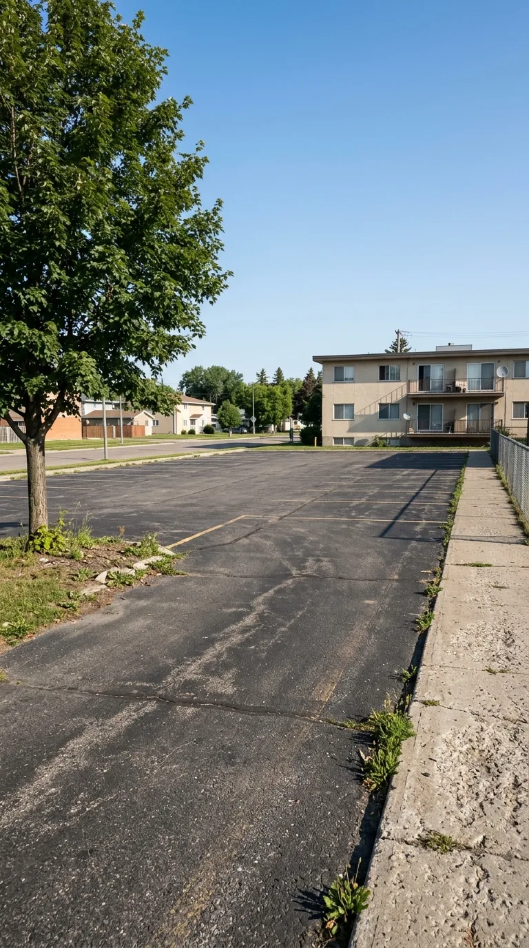 Immagine statica per YouTube Shorts verticale 9:16 destinata a un timelapse di costruzione. Parcheggio di quartiere in città di pianura, superficie asfaltata scura con linee sbiadite, albero deciduo a foglie verdi a sinistra dell'inquadratura, marciapiede in cemento a destra, edificio basso beige in sfondo a destra, cielo sereno azzurro, luce diurna laterale da sinistra con ombre morbide, camera statica a circa 3 metri di altezza, prospettiva frontale a tre quarti, inquadratura ampia con margine libero al centro, color grading naturale fotografico. L'area centrale è un tratto di asfalto libero e uniforme, senza costruzioni, con qualche ciuffo d'erba ai bordi.