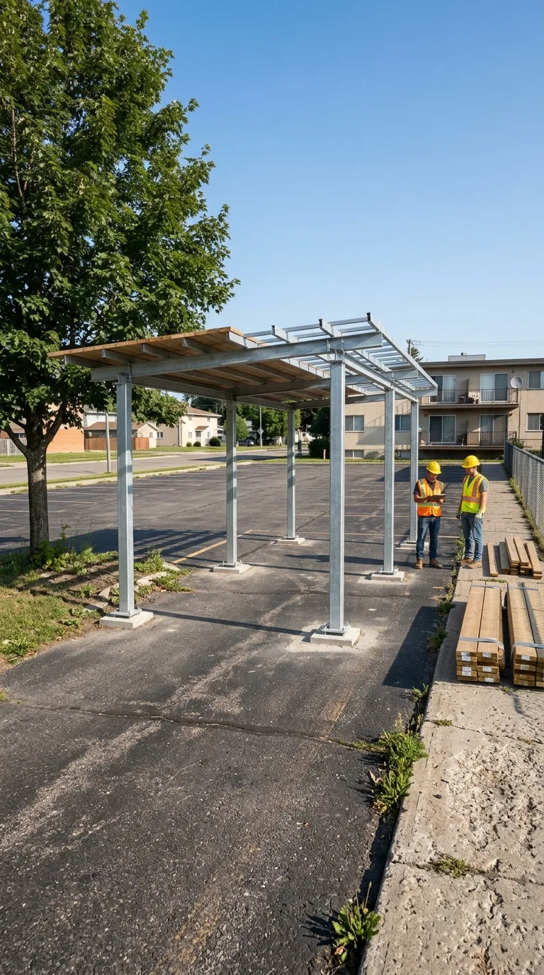 Immagine statica per YouTube Shorts verticale 9:16 destinata a un timelapse di costruzione. Parcheggio di quartiere in città di pianura, superficie asfaltata scura con linee sbiadite, albero deciduo a foglie verdi a sinistra dell'inquadratura, marciapiede in cemento a destra, edificio basso beige in sfondo a destra, cielo sereno azzurro, luce diurna laterale da sinistra con ombre morbide, camera statica a circa 3 metri di altezza, prospettiva frontale a tre quarti, inquadratura ampia con margine libero al centro, color grading naturale fotografico. Al centro, quattro pilastri in acciaio zincato già fissati al suolo con basamenti in calcestruzzo, travi longitudinali e trasversali montate e bullonate, copertura in tavole di legno installata solo sulla metà sinistra verso la camera, metà destra ancora aperta con travetti esposti, rastrelliere assenti, due operai con casco e giubbotto alta visibilità in piedi a lato senza coprire la struttura, alcuni fasci di tavole appoggiati a terra a destra.