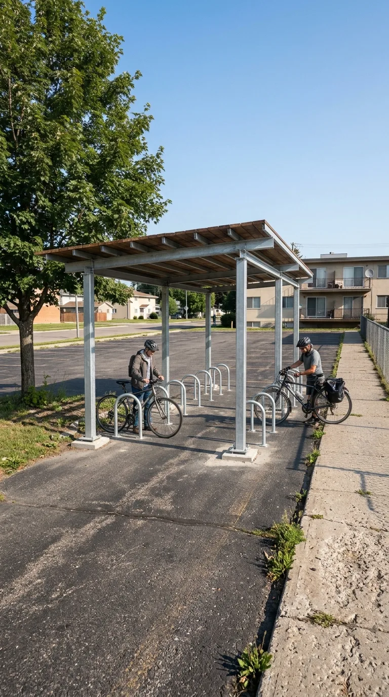 Immagine statica per YouTube Shorts verticale 9:16 destinata a un timelapse di costruzione. Parcheggio di quartiere in città di pianura, superficie asfaltata scura con linee sbiadite, albero deciduo a foglie verdi a sinistra dell'inquadratura, marciapiede in cemento a destra, edificio basso beige in sfondo a destra, cielo sereno azzurro, luce diurna laterale da sinistra con ombre morbide, camera statica a circa 3 metri di altezza, prospettiva frontale a tre quarti, inquadratura ampia con margine libero al centro, color grading naturale fotografico. Pensilina completa al centro, struttura in acciaio zincato, tetto a due falde interamente coperto da tavole di legno scuro, otto rastrelliere in tubo zincato fissate al suolo, spazio libero intorno. Due ciclisti in scala realistica, uno che inserisce la bicicletta nella rastrelliera di sinistra, l'altro in piedi accanto con la propria bici, azione chiara di parcheggio.