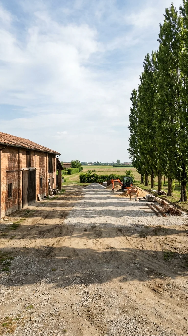 Immagine statica per YouTube Shorts verticale 9:16 destinata a un timelapse di costruzione. Nell’aia sterrata di una cascina di pianura, un’area centrale di terra battuta e ghiaia sparsa occupa il centro dell’inquadratura, libera e compatta. A sinistra si eleva la facciata di un fienile in laterizio rosso a un piano con portone chiuso. A destra un filare di pioppi adulti allinea il bordo. Lo sfondo mostra campi aperti. La camera è fissa a altezza occhi, leggermente elevata, con orizzonte a metà frame, luce solare morbida da sinistra che proietta ombre lunghe, cielo chiaro, resa fotografica naturale.