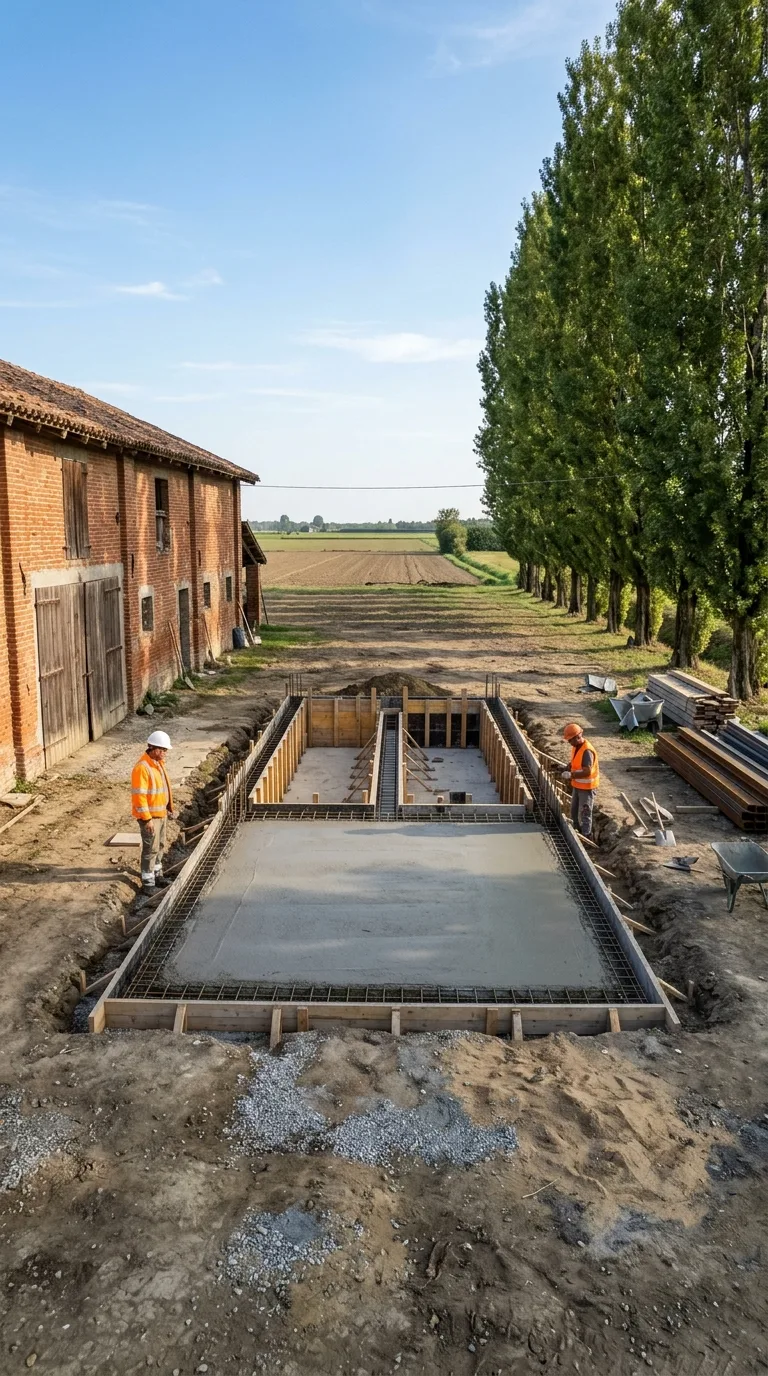Immagine statica per YouTube Shorts verticale 9:16 destinata a un timelapse di costruzione. Nell’aia sterrata di una cascina di pianura, un’area centrale di terra battuta e ghiaia sparsa occupa il centro dell’inquadratura, libera e compatta. A sinistra si eleva la facciata di un fienile in laterizio rosso a un piano con portone chiuso. A destra un filare di pioppi adulti allinea il bordo. Lo sfondo mostra campi aperti. La camera è fissa a altezza occhi, leggermente elevata, con orizzonte a metà frame, luce solare morbida da sinistra che proietta ombre lunghe, cielo chiaro, resa fotografica naturale. Al centro un’area di 8 per 5 metri è scavata e parzialmente gettata: la porzione vicina alla camera ha già una platea in calcestruzzo fresco grigio con lieve pendenza, mentre la porzione lontana mostra ancora casseforme in legno per la canaletta laterale e armature esposte. Due operai con caschi e giubbotti ad alta visibilità stanno ai lati della zona di lavoro.