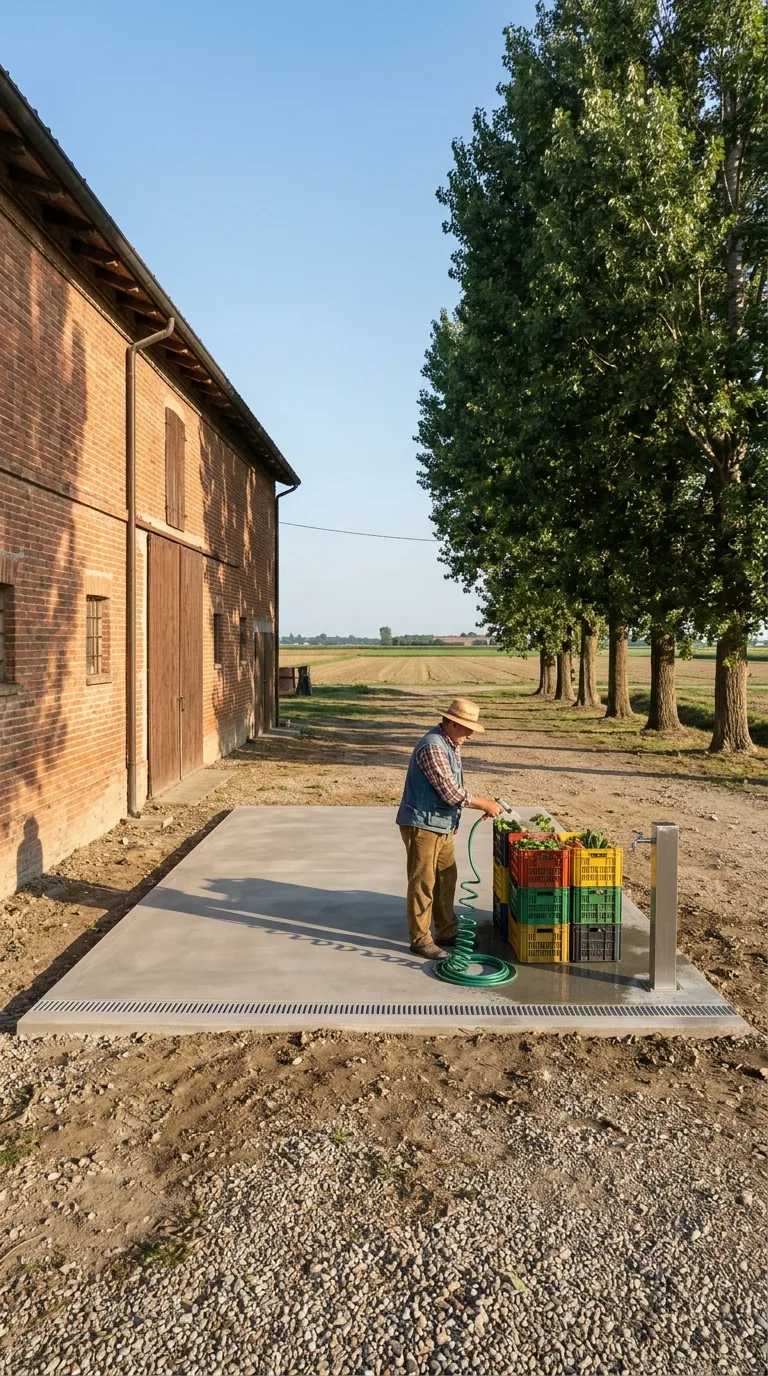 Immagine statica per YouTube Shorts verticale 9:16 destinata a un timelapse di costruzione. Nell’aia sterrata di una cascina di pianura, un’area centrale di terra battuta e ghiaia sparsa occupa il centro dell’inquadratura, libera e compatta. A sinistra si eleva la facciata di un fienile in laterizio rosso a un piano con portone chiuso. A destra un filare di pioppi adulti allinea il bordo. Lo sfondo mostra campi aperti. La camera è fissa a altezza occhi, leggermente elevata, con orizzonte a metà frame, luce solare morbida da sinistra che proietta ombre lunghe, cielo chiaro, resa fotografica naturale. Al centro una piazzola finita in calcestruzzo grigio di 8 metri per 5, con lieve pendenza verso una canaletta di drenaggio laterale completa, e una colonnina acqua in acciaio. Un agricoltore in abiti da lavoro lava cassette di ortaggi con un tubo flessibile, con spazio libero intorno alla struttura.